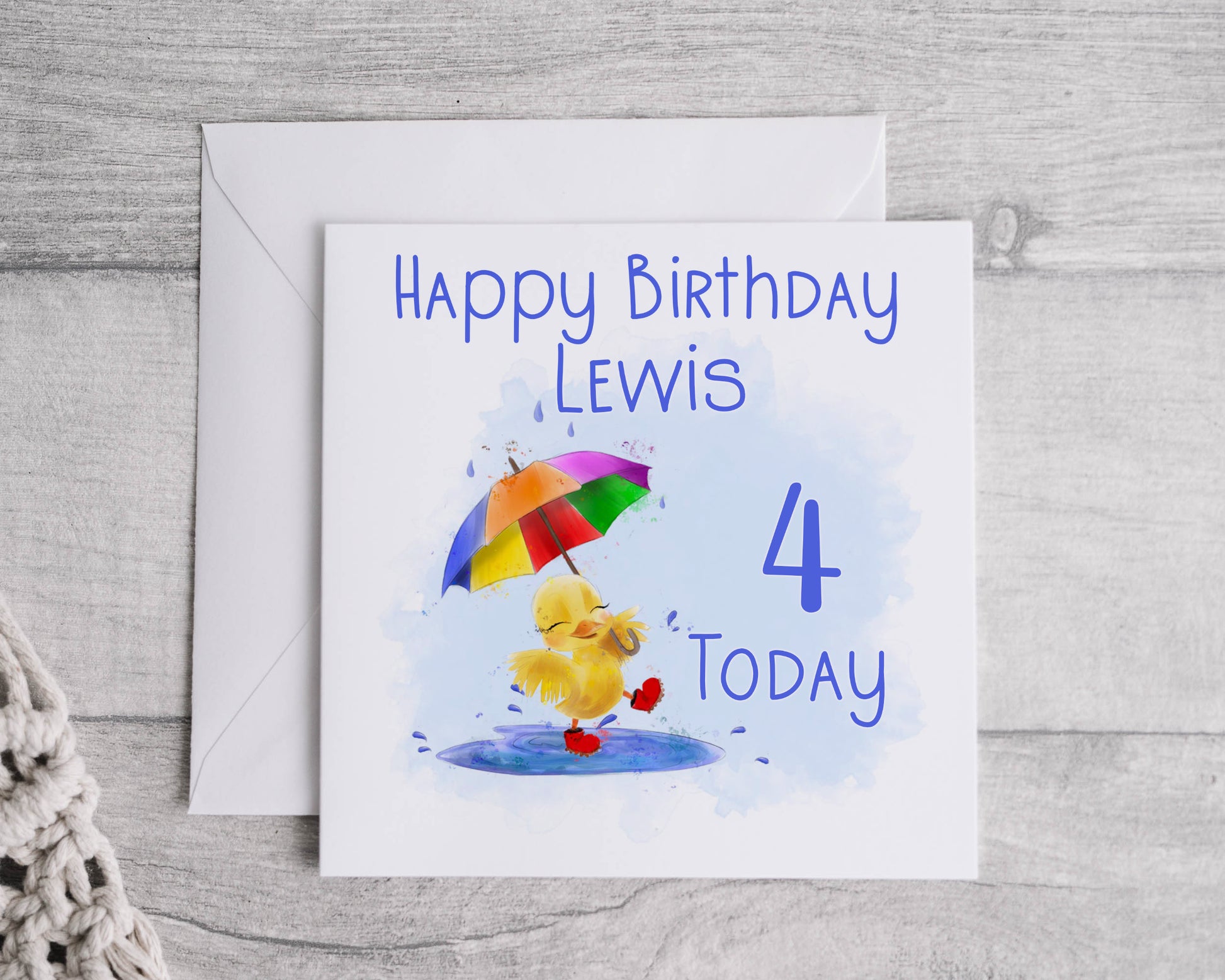 cute duck splashing in a puddle holding an umbrella, birthday age card