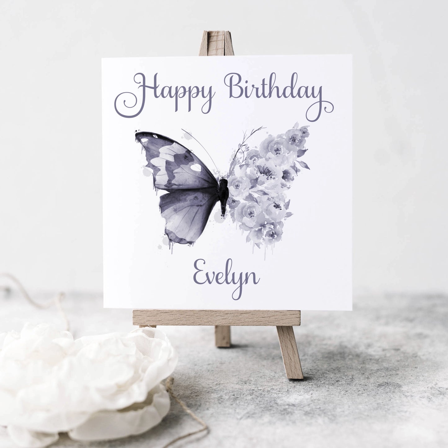 Personalised Birthday Card with the picture of a floral butterfly in dark purple