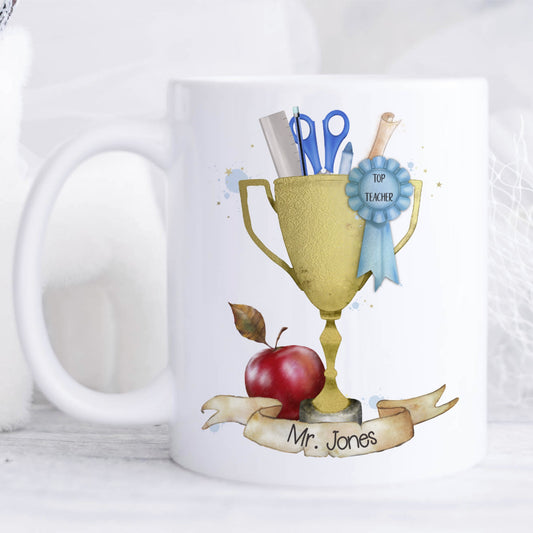 Personalised Top Teacher trophy mug in blue.