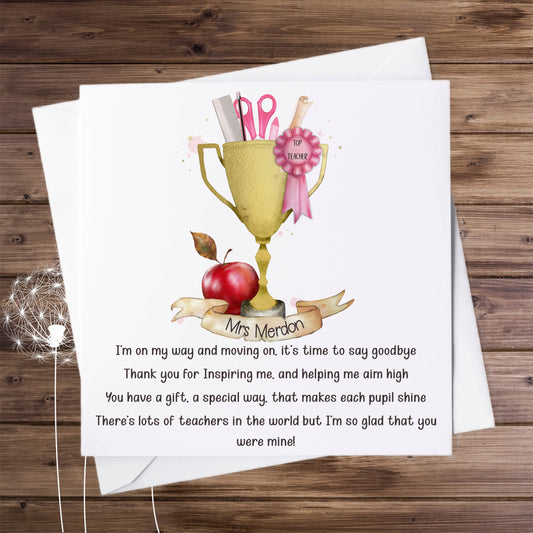 Personalised Teacher Trophy Card in Pink With Poem