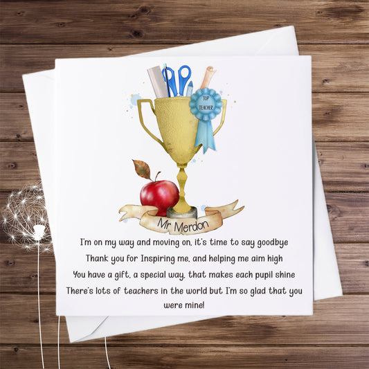 Personalised Teacher Trophy Card in Blue With Poem