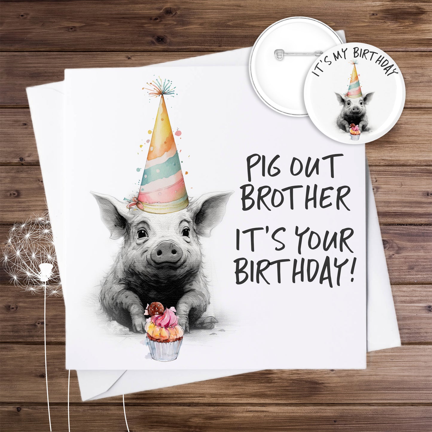 Personalised Birthday Piglet Card | Pig in Party Hat | Matching Badge Available.