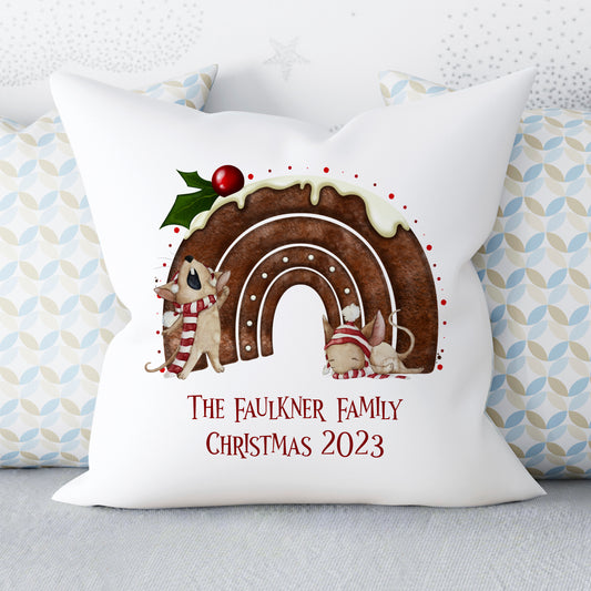 Personalised cushion with a Christmas pudding and sleepy mouse design 