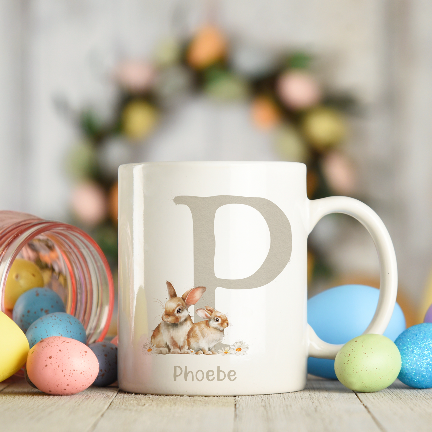 Ceramic mug featuring an alphabet personalised design with a cute bunny rabbit, letter P