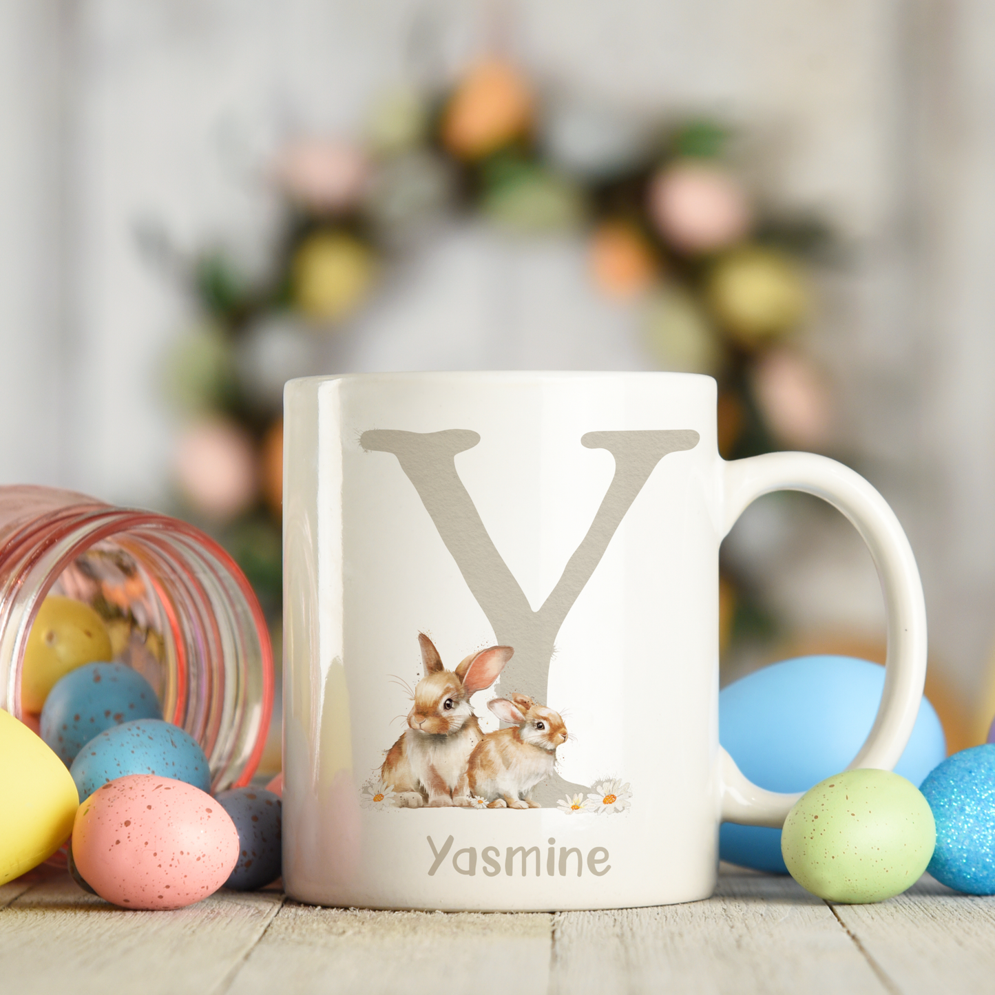 Ceramic mug featuring an alphabet personalised design with a cute bunny rabbit, letter Y