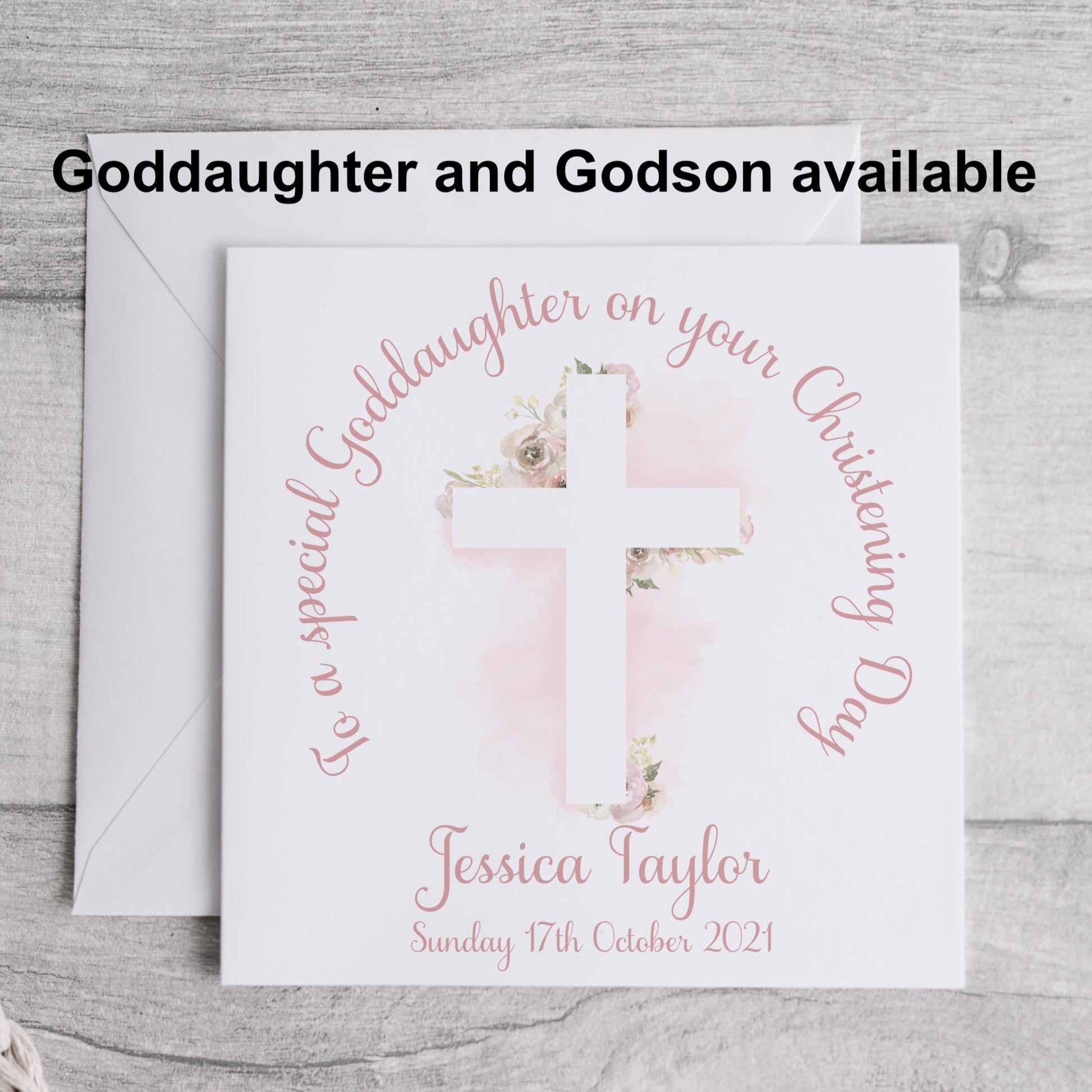 Personalised goddaughter christening card with the image of a floral cross