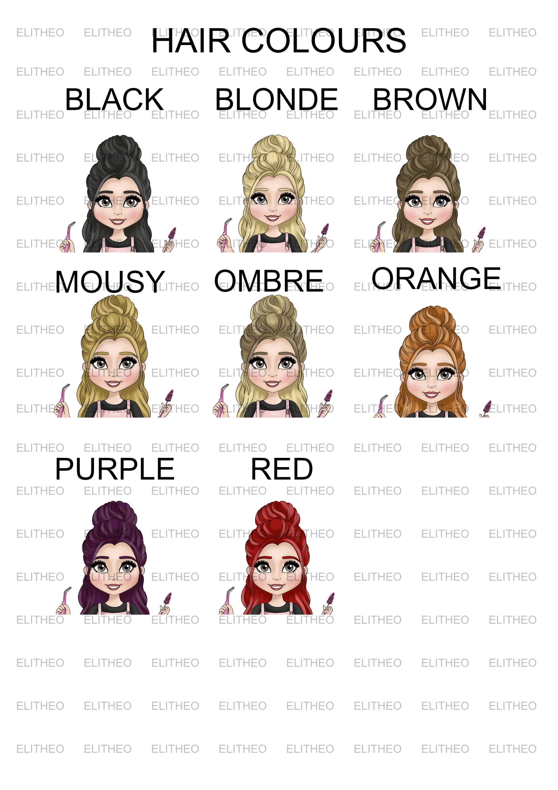 Sheet showing a choice of 8 hair colours for a lash tech discount card