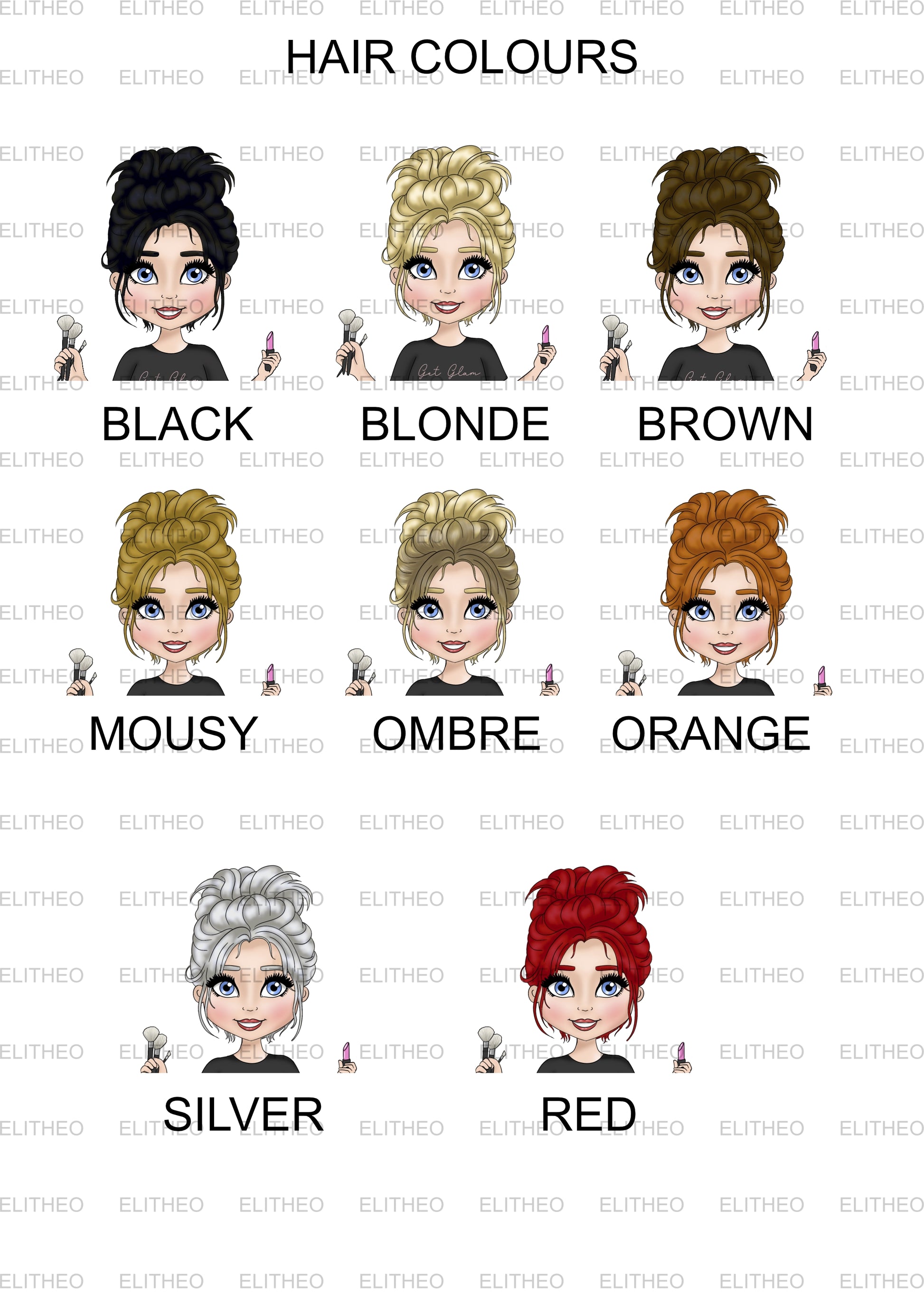 Sheet featuring 8 different hair colours for the make up artist on the scratch card