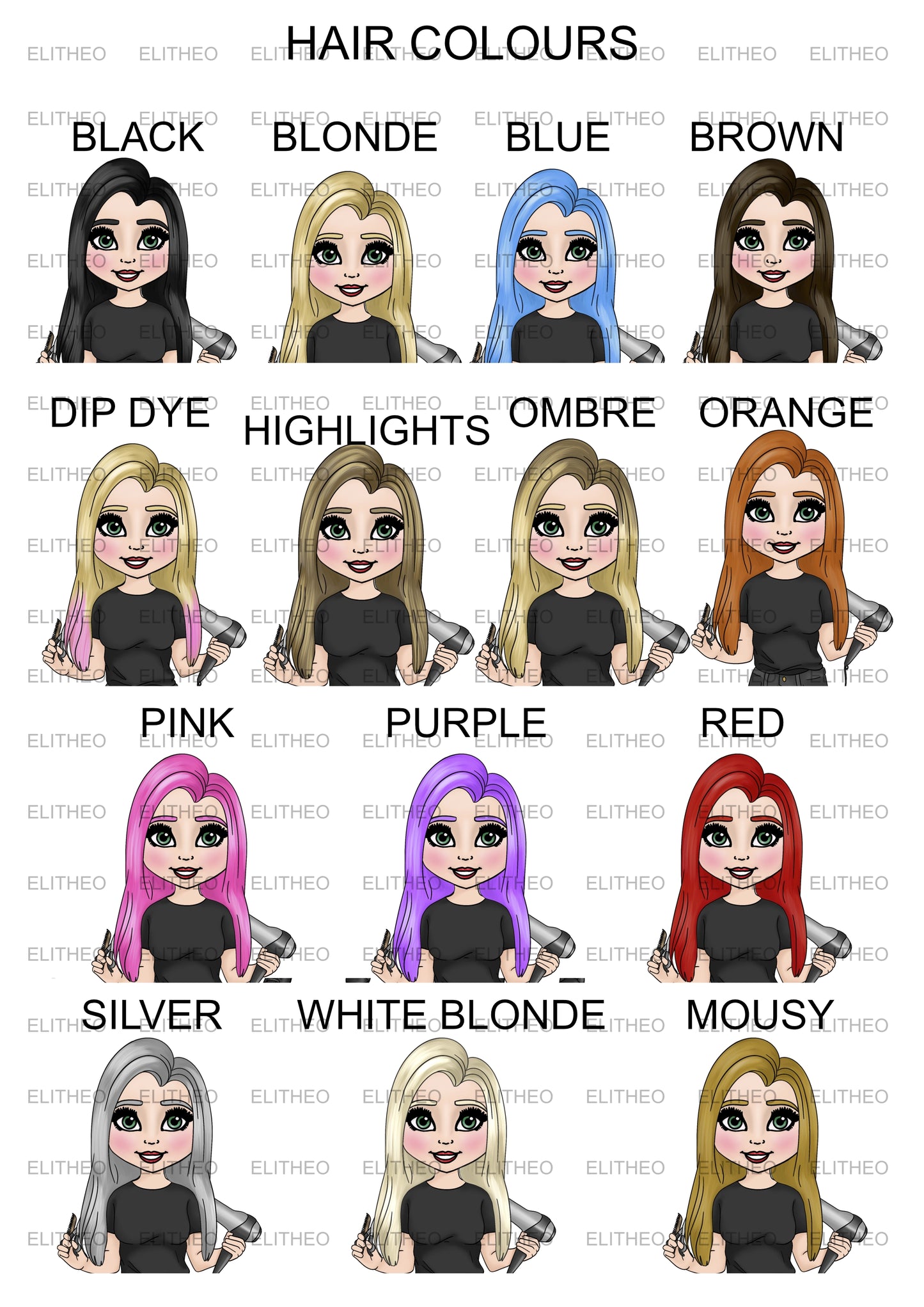 Sheet showing the 14 different hair colours available for the hairdresser