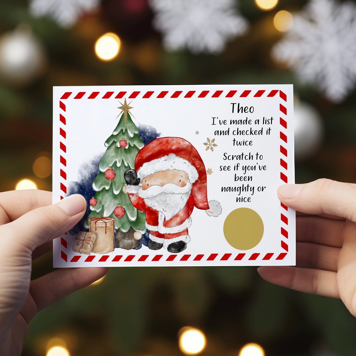 A card with an image of Santa Claus next to a Christmas tree with the text 'I've made a list and checked it twice. Scratch to see if you've been naughty or nice' This is personalised and has a gold scratch off sticker