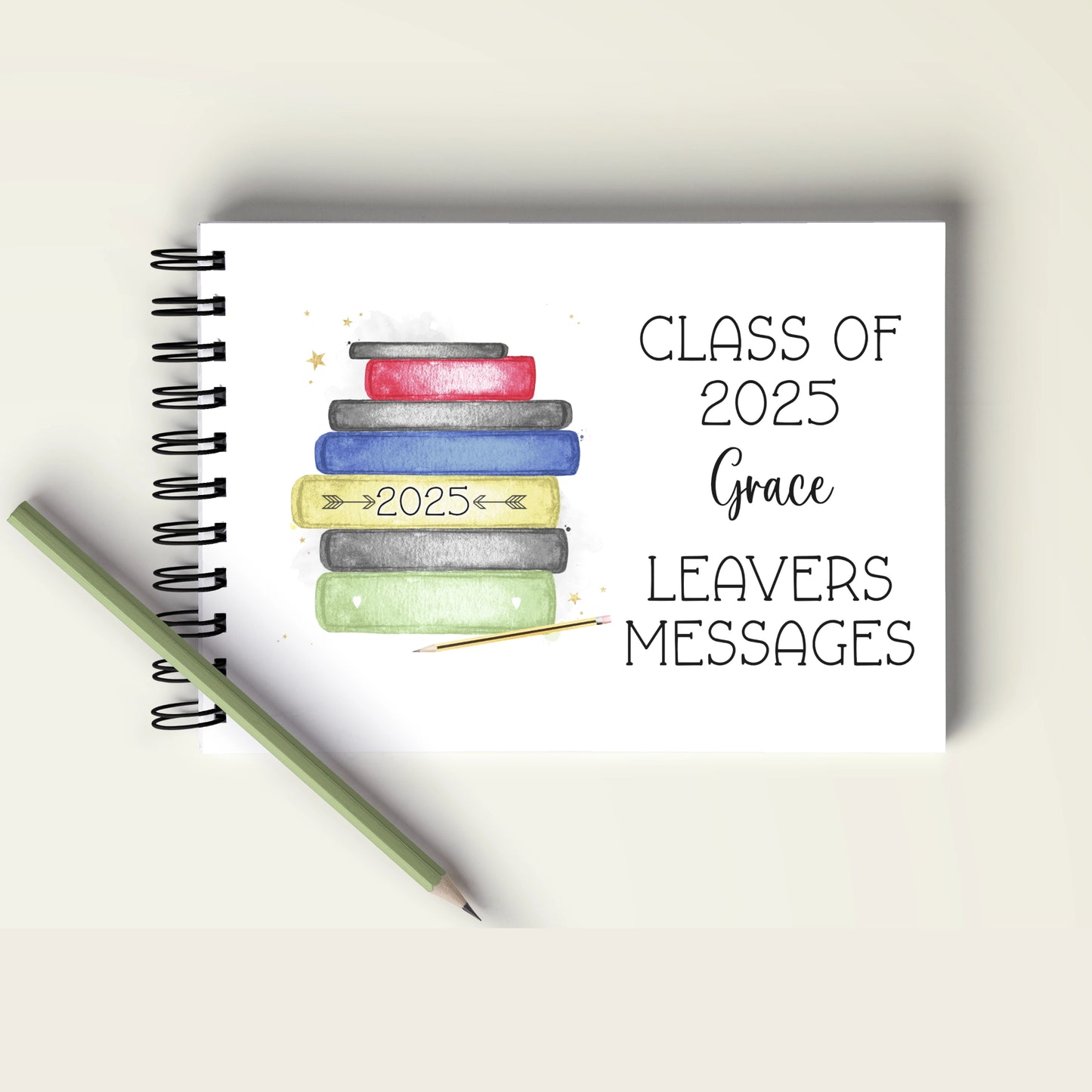 A6 spiral bound leavers book featuring an image of a brightly coloured book stack with the wording Class of 2025, Leavers messages and personalised with a name.