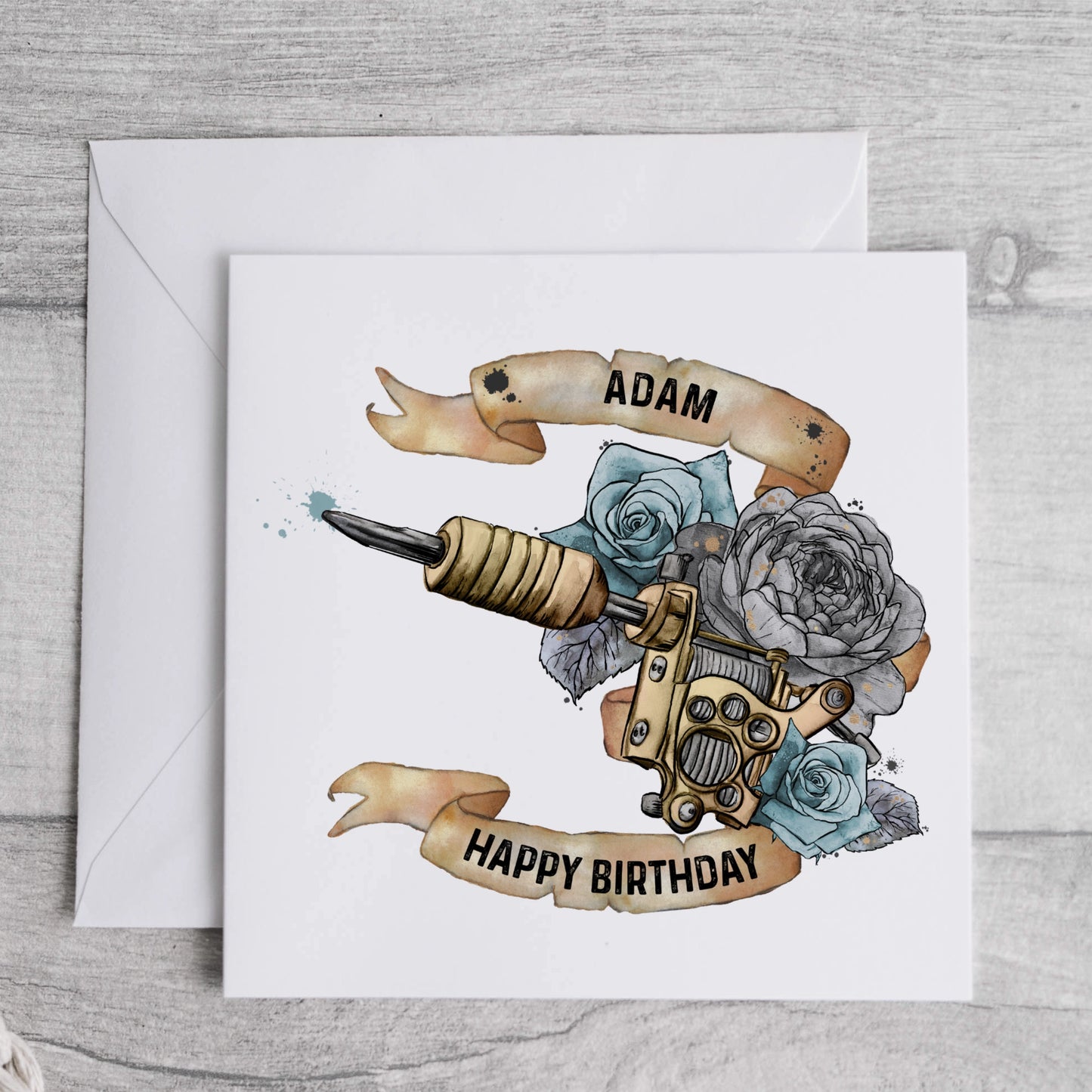 Tattoo Theme Personalised Birthday Card in Blue or Pink