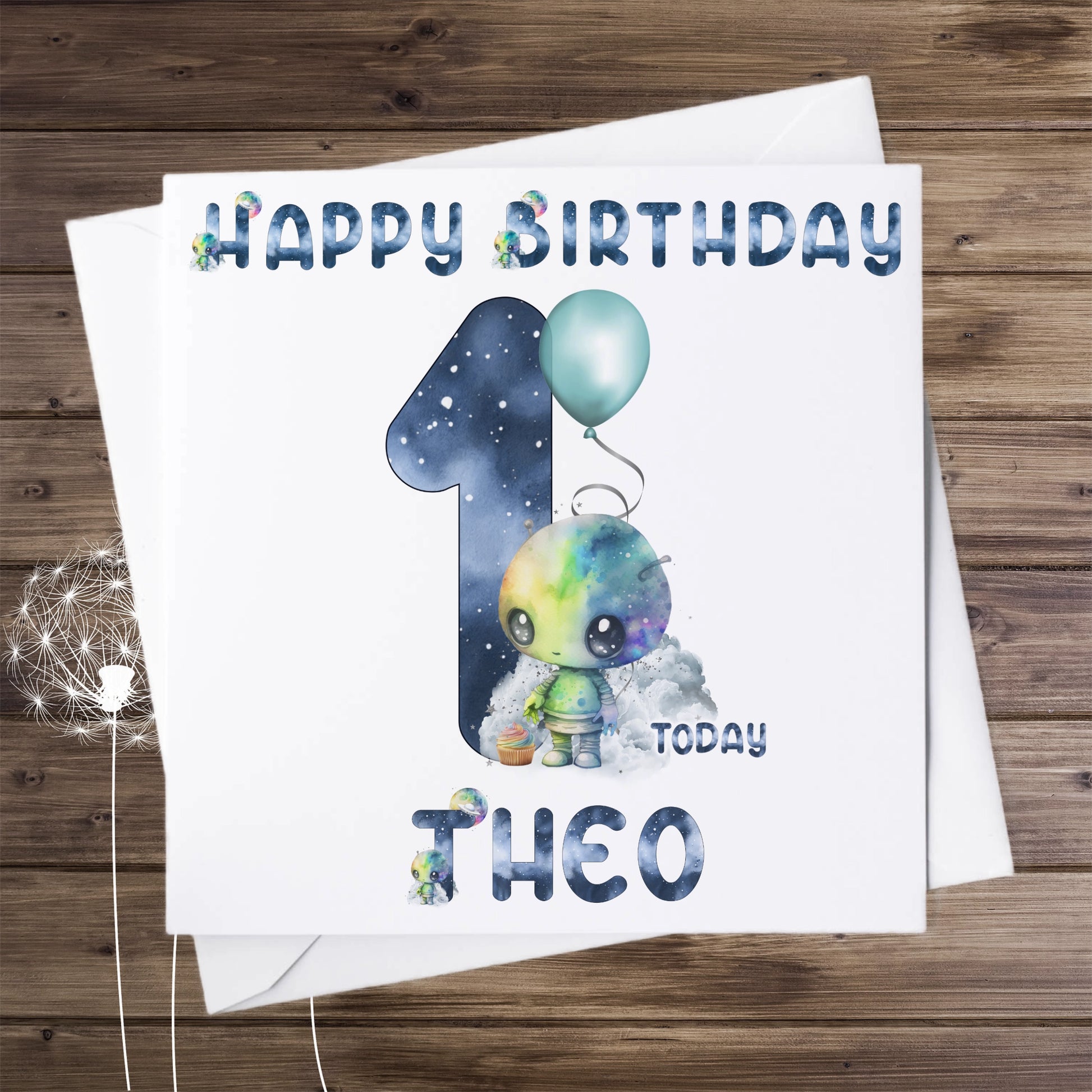 Personalised Birthday card featuring a cute alien and the number 1