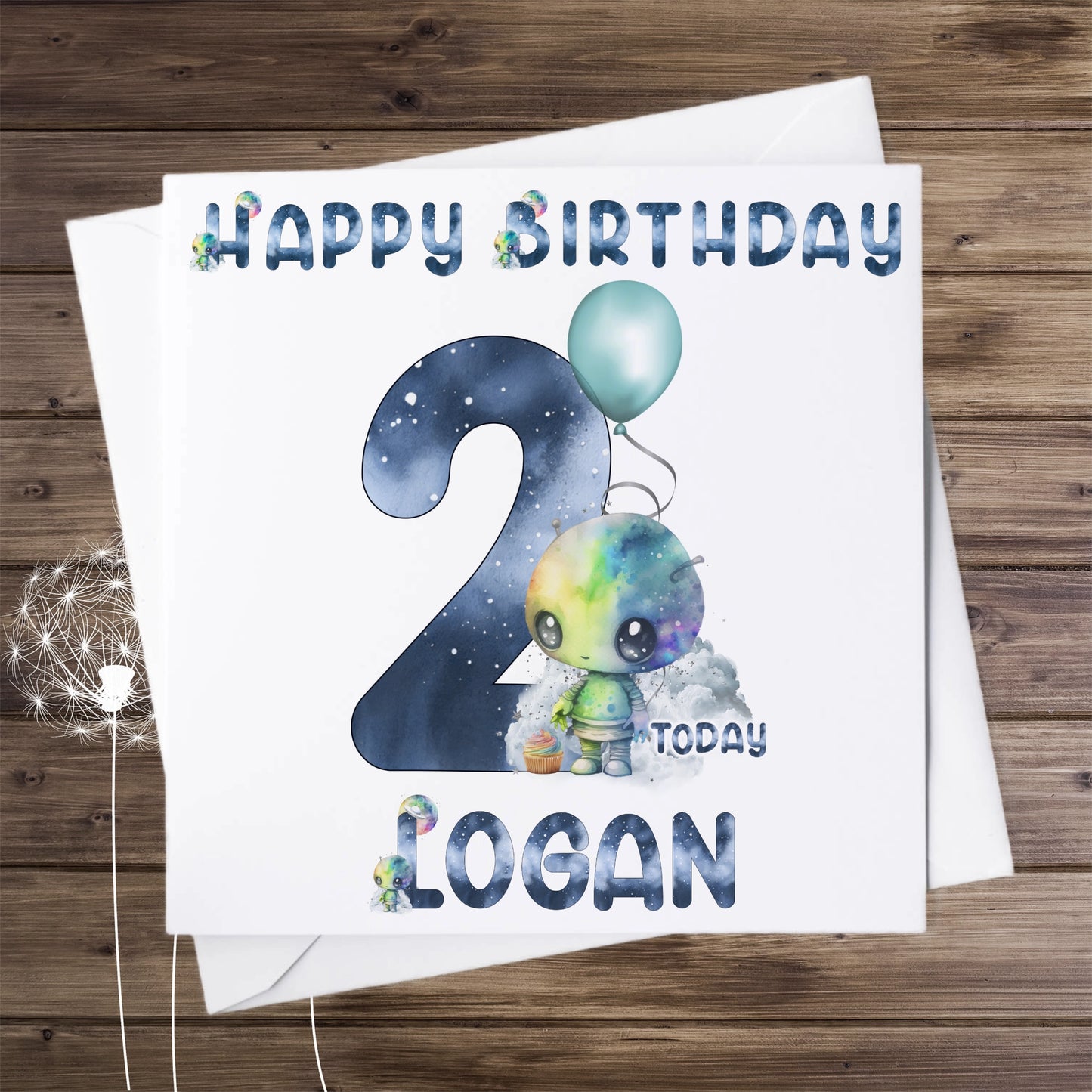 Personalised Birthday card featuring a cute alien and the number 2