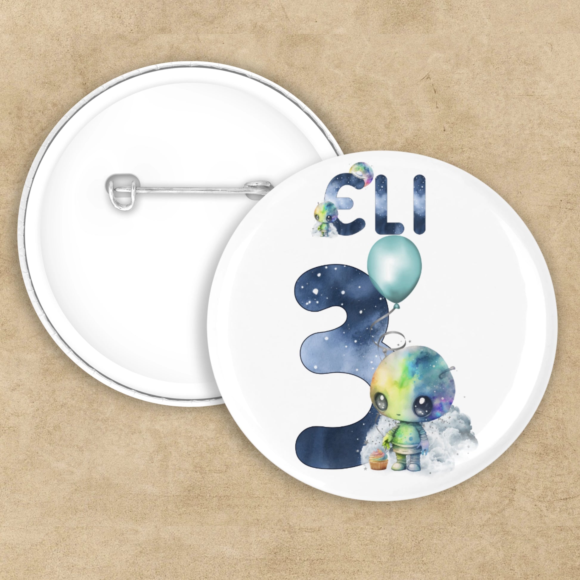 Personalised Birthday badge featuring a cute alien and the number 3