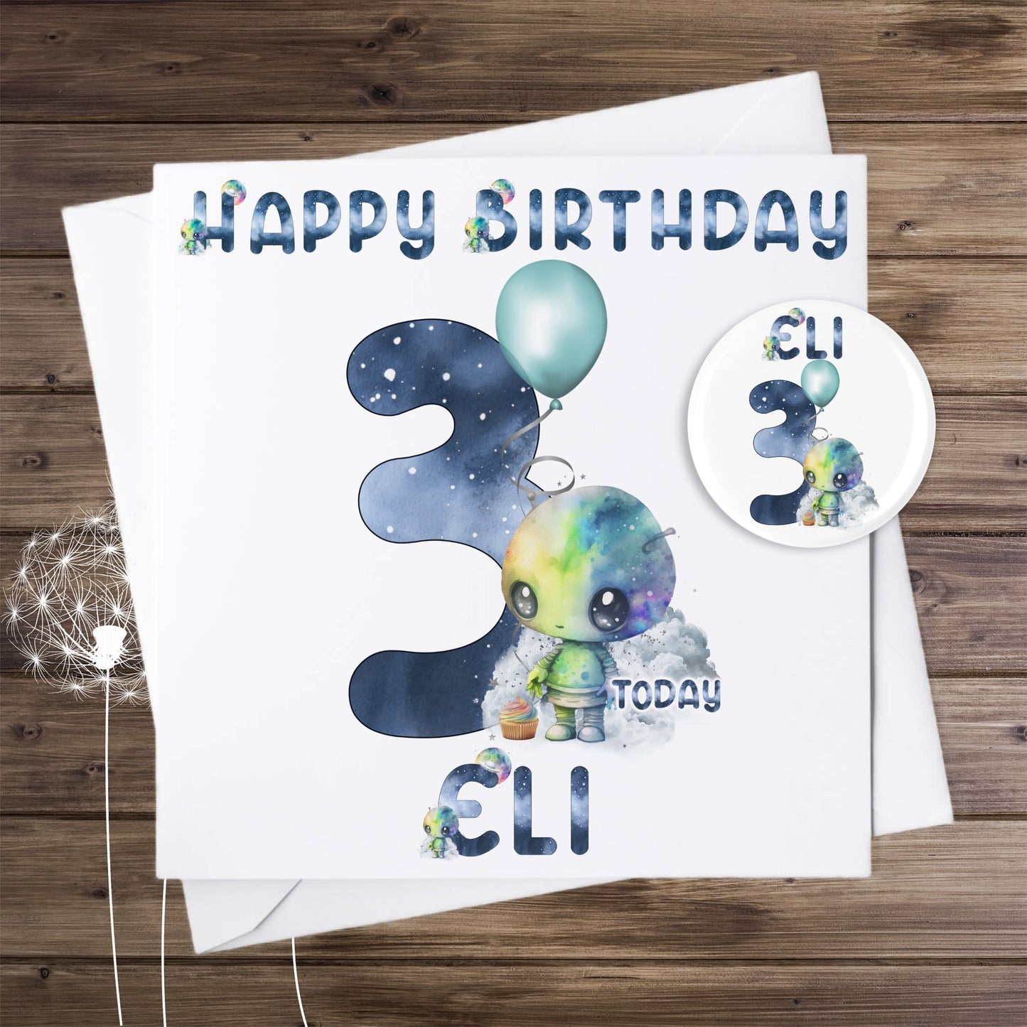 Personalised Birthday card and badge featuring a cute alien and the number 3