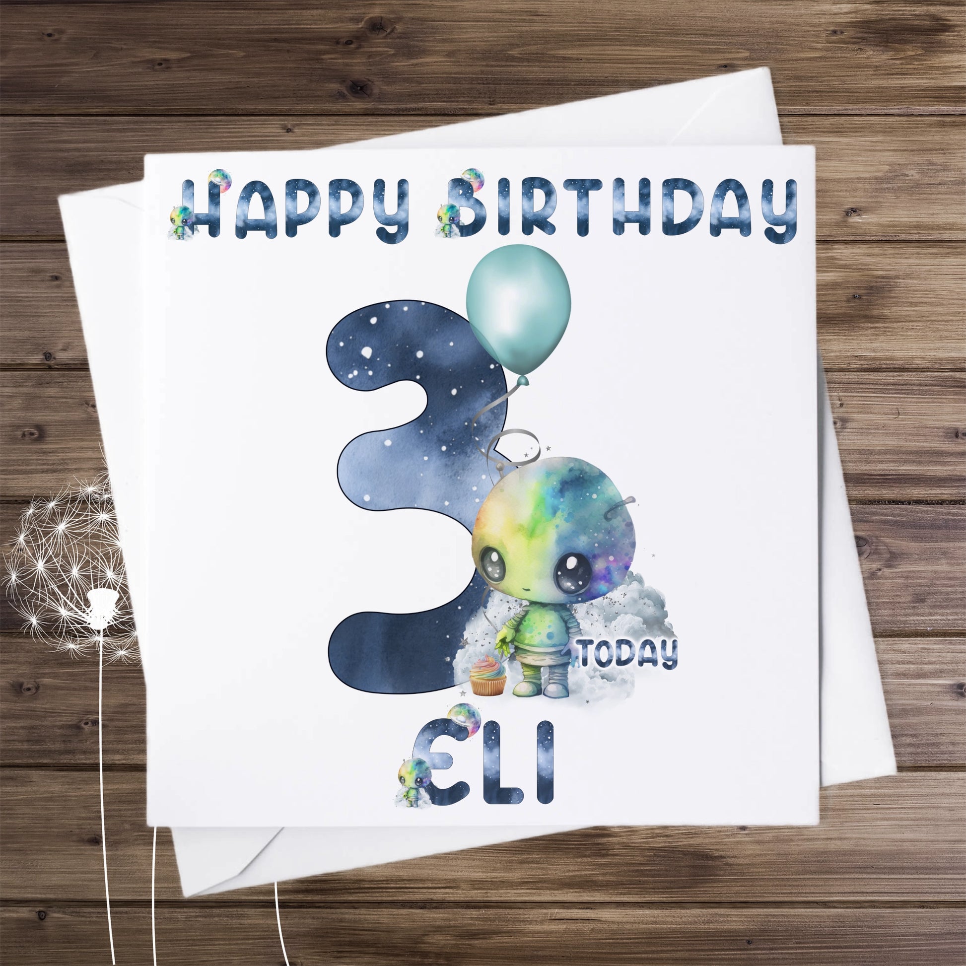 Personalised Birthday card featuring a cute alien and the number 3