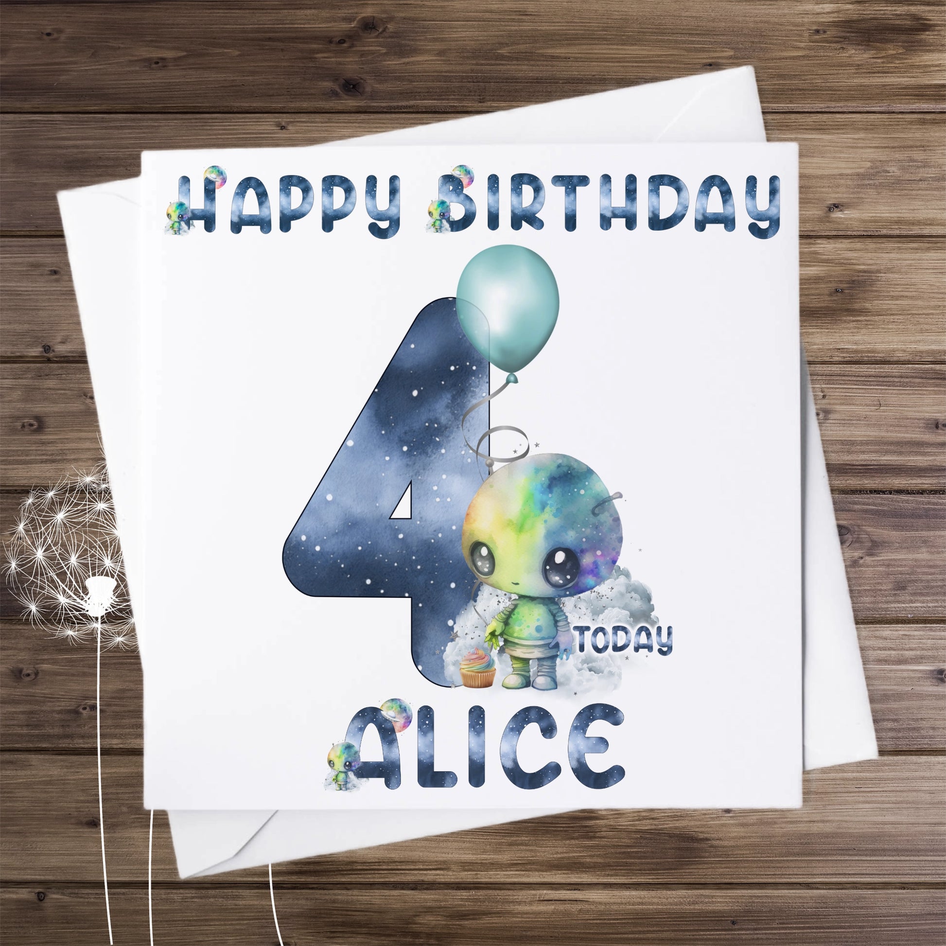 Personalised Birthday card featuring a cute alien and the number 4