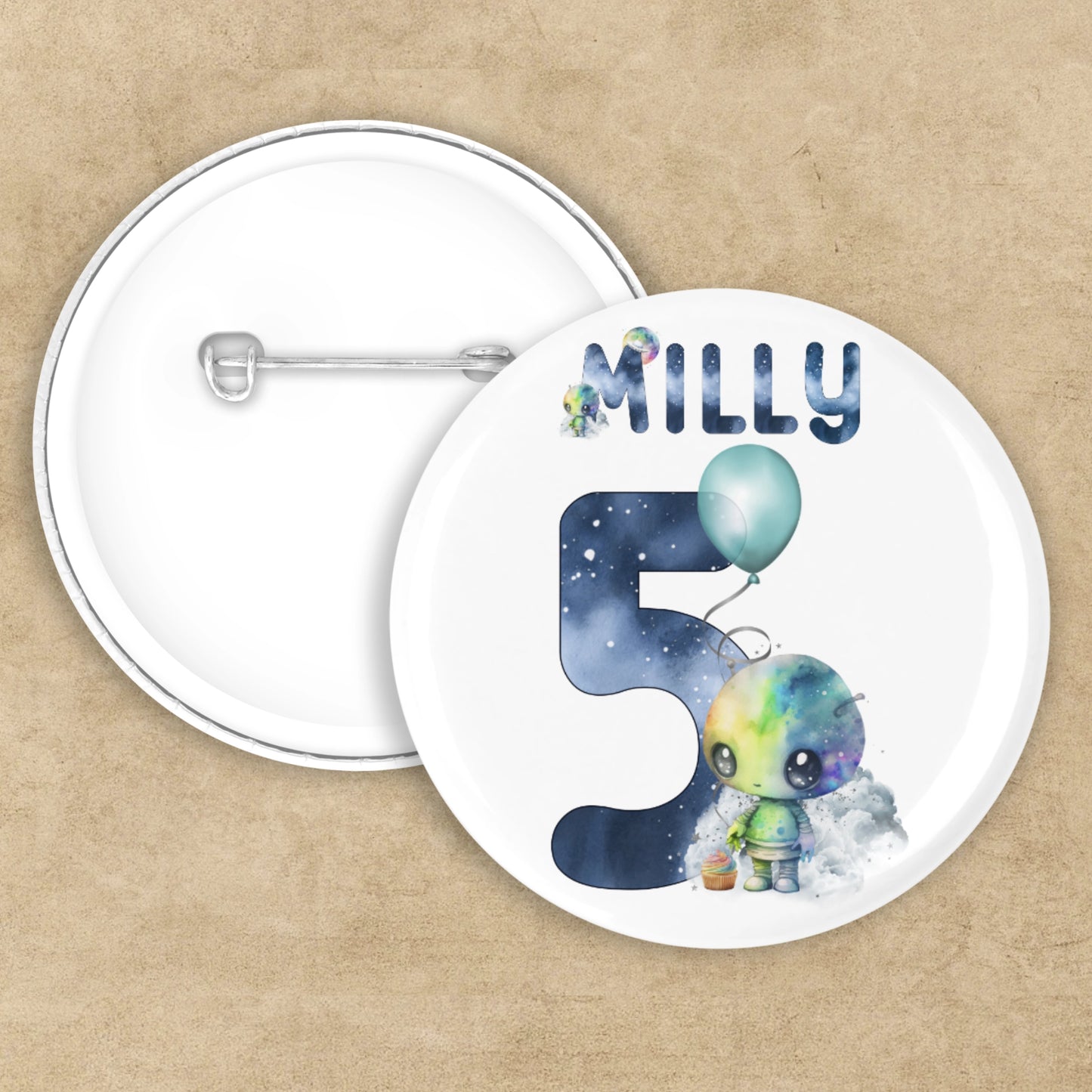 Personalised Birthday badge featuring a cute alien and the number 5