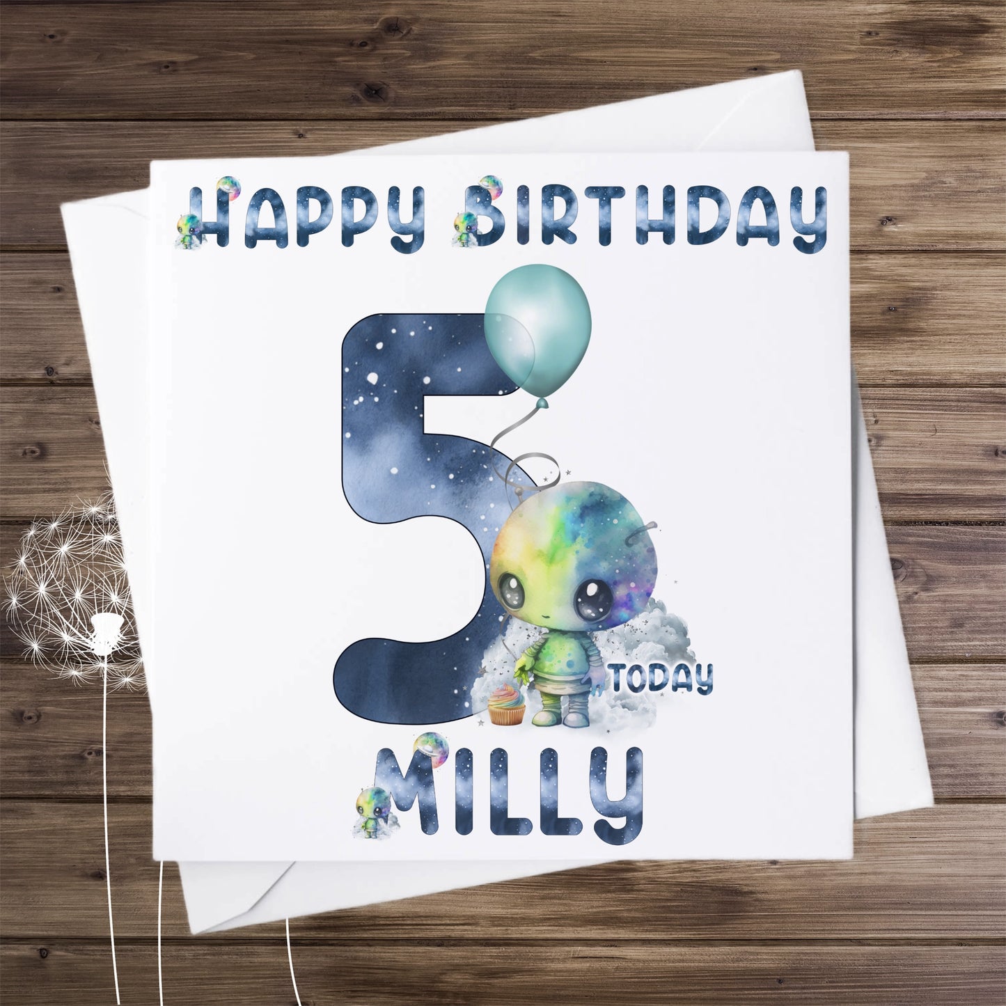 Personalised Birthday card featuring a cute alien and the number 5