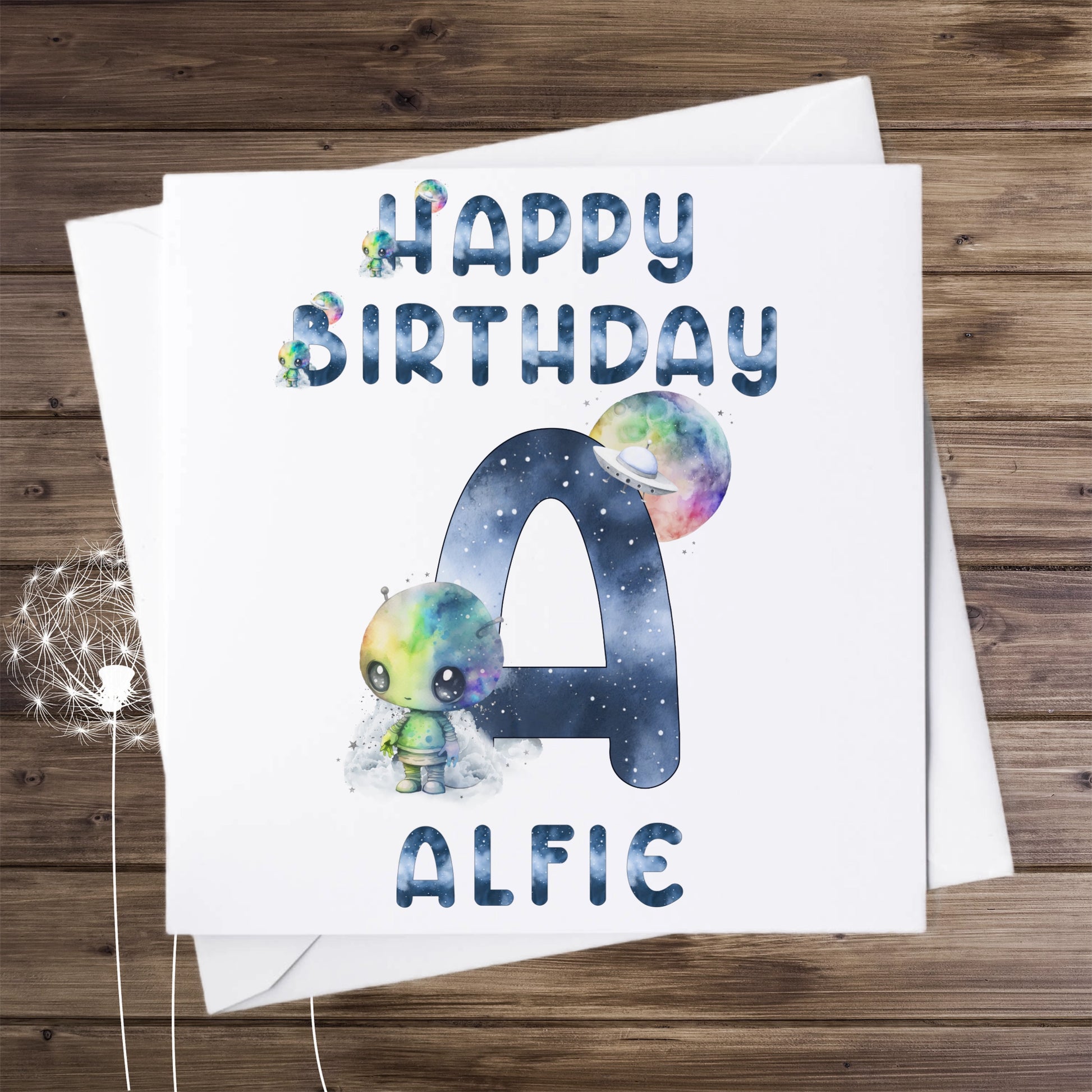 Birthday card, personalised with an alphabet letter and name, image of a cute alien and letter A