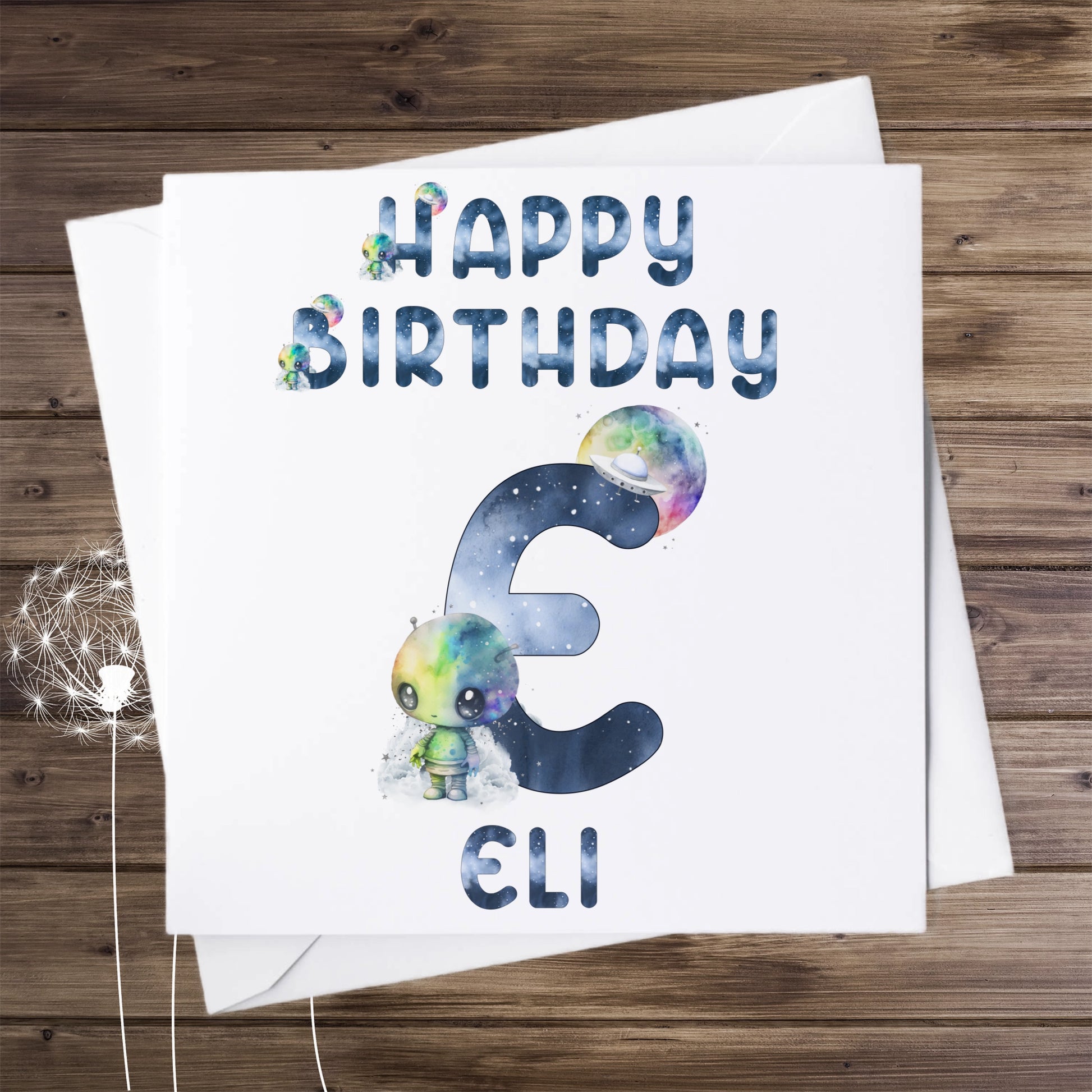 Birthday card, personalised with an alphabet letter and name, image of a cute alien and letter E