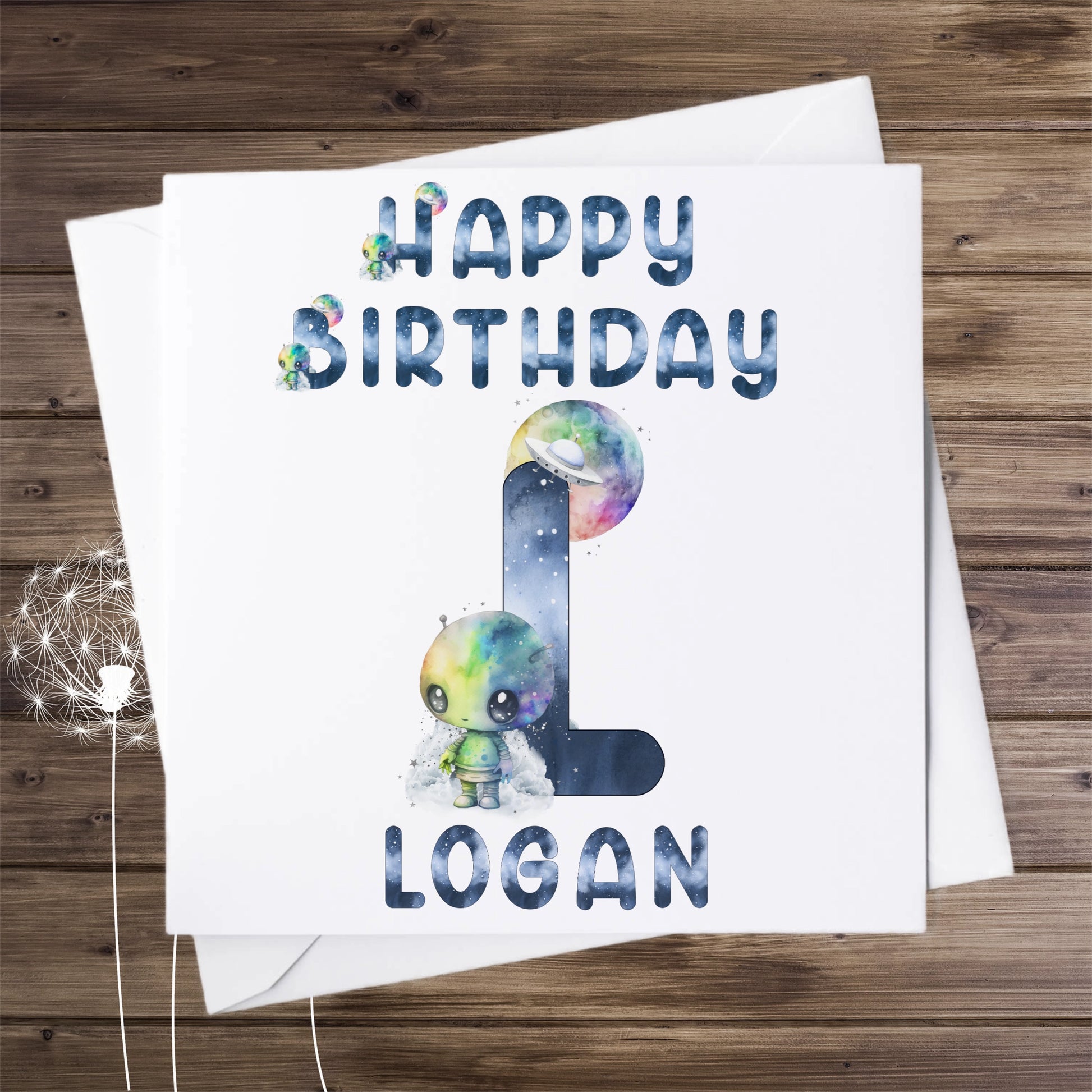 Birthday card, personalised with an alphabet letter and name, image of a cute alien and letter L