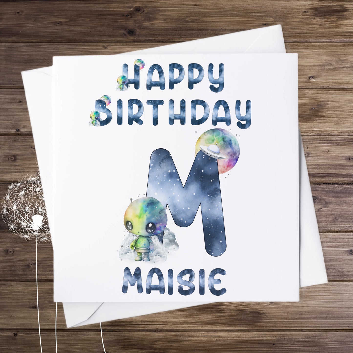 Birthday card, personalised with an alphabet letter and name, image of a cute alien and letter M