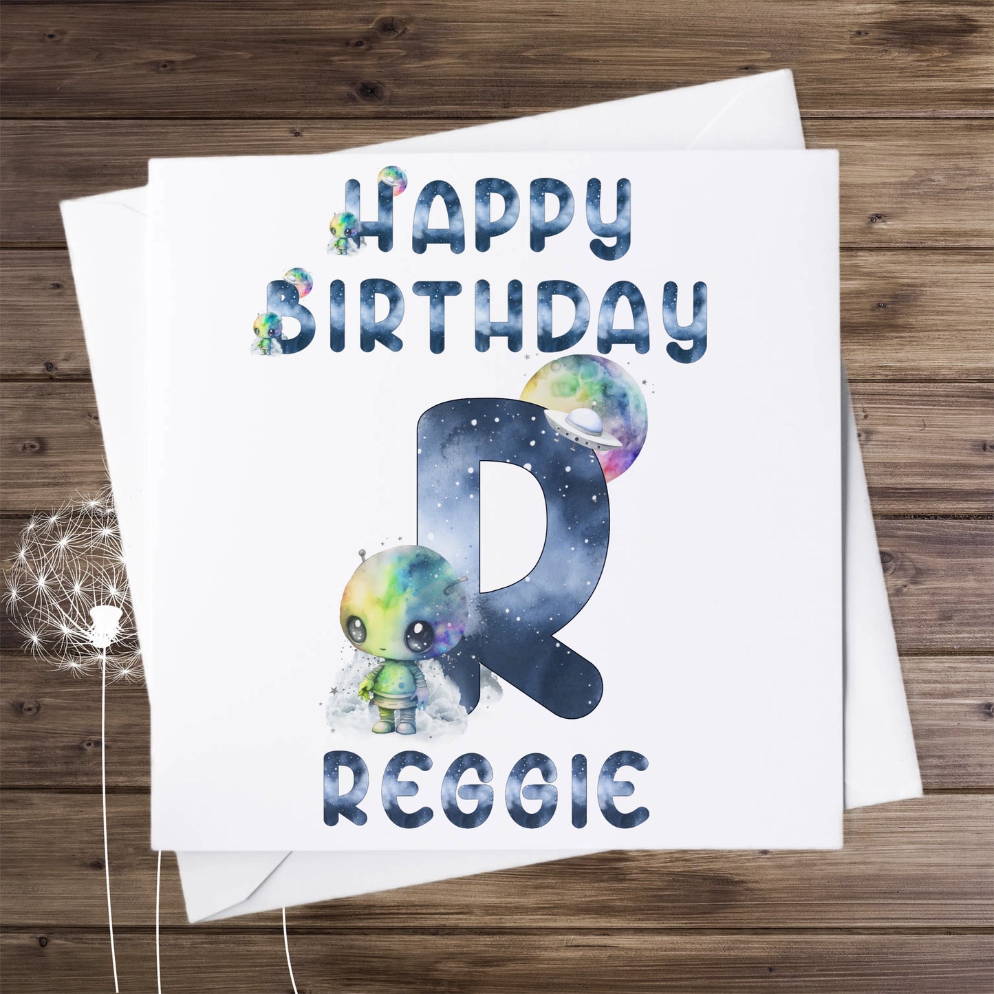 Birthday card, personalised with an alphabet letter and name, image of a cute alien and letter R