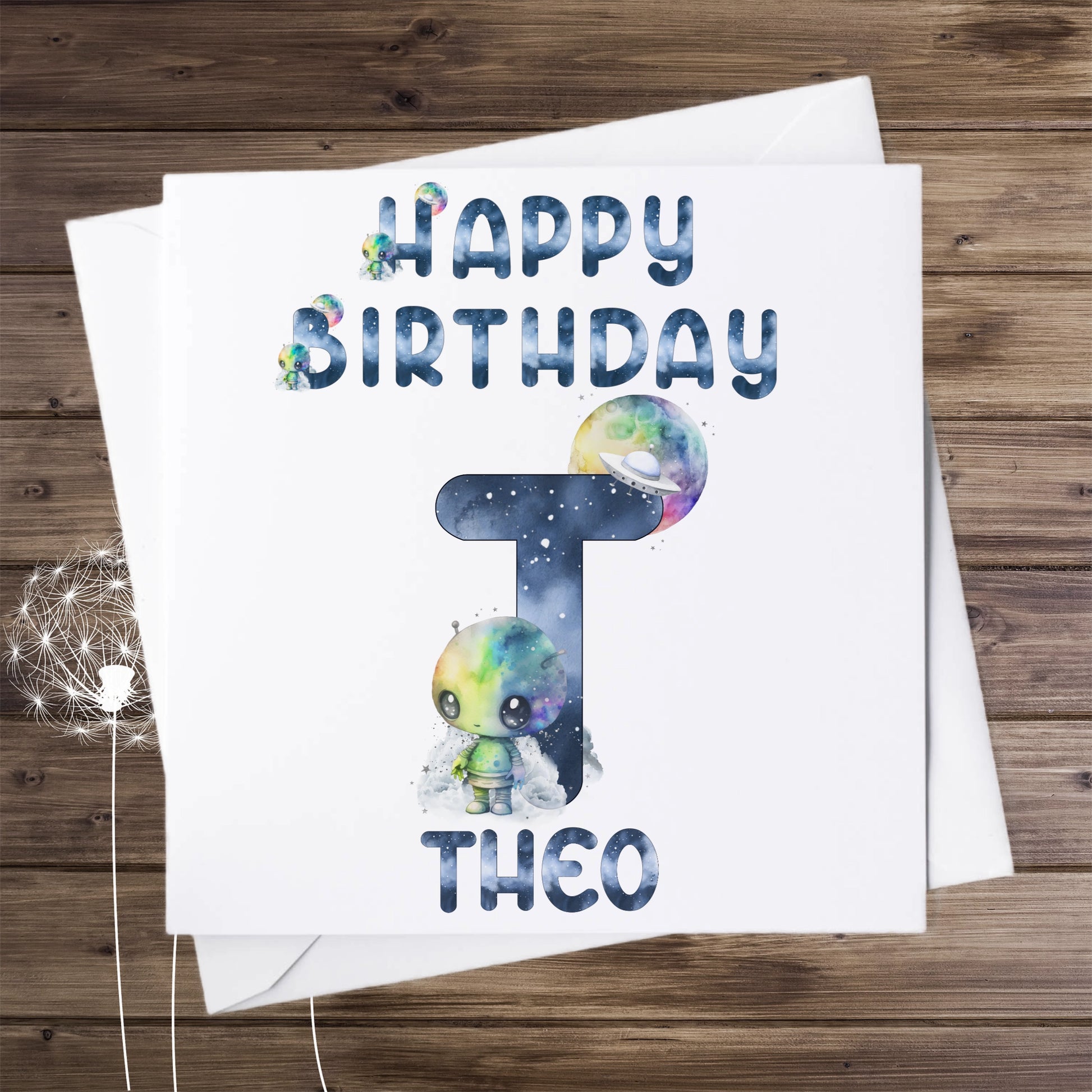 Birthday card, personalised with an alphabet letter and name, image of a cute alien and letter T