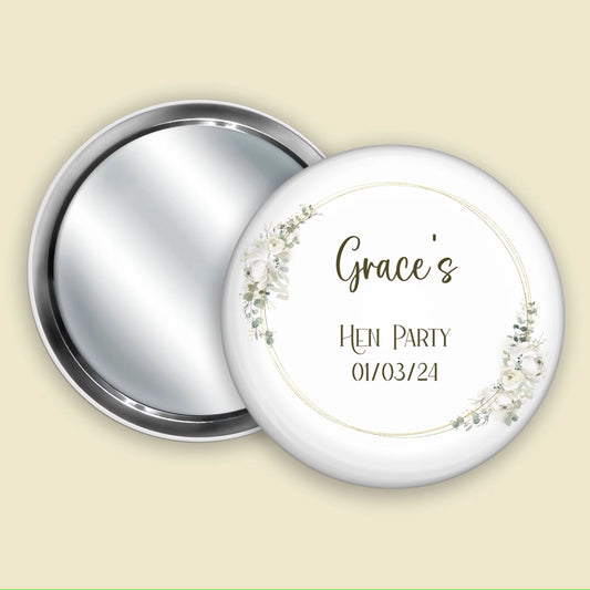 Pocket Badge Mirror for hen party favous. Personalised with name and hen party date with a green botanical wreath.