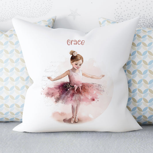 Personalised cushion with the image of a little girl ballerina dancing in burgundy colours 