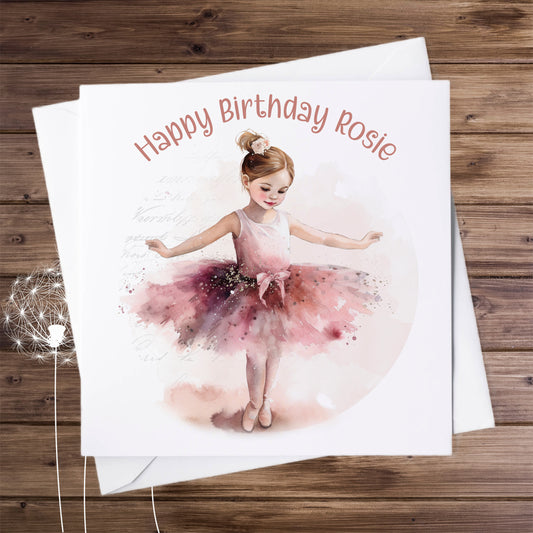 Watercolour image of a dancing ballerina girl on a personalised birthday card