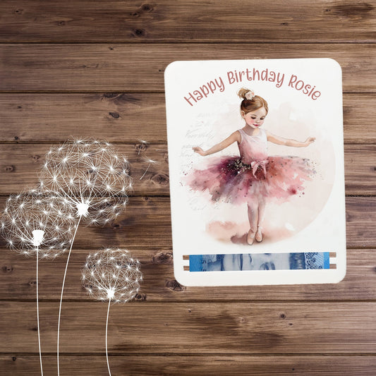 An acrylic money holder with the image of  dancing ballerina girl and personalised Happy Birthday text.