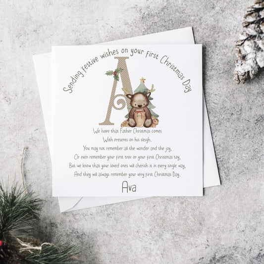 Bear reindeer personalised 1st Christmas card with poem, alphabet card, letter A