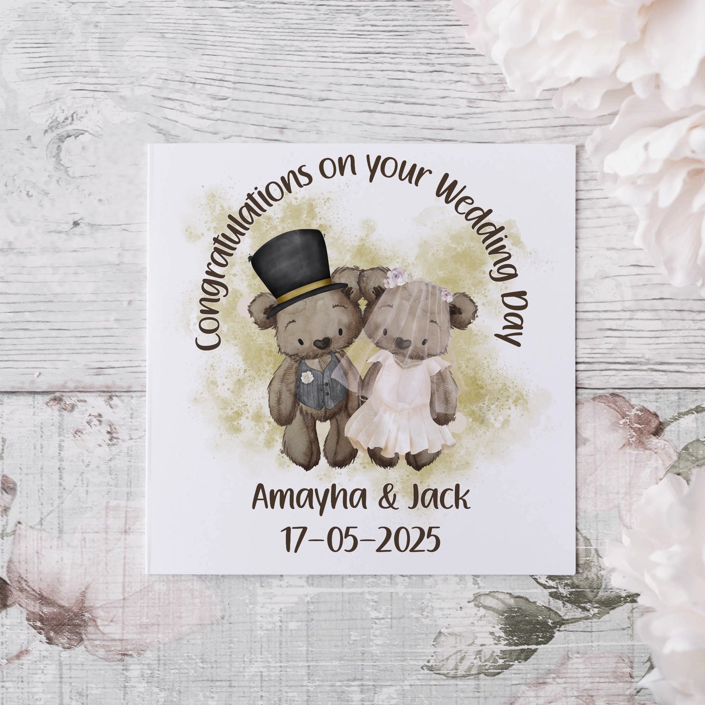 Cute Teddy Bear Congratulations Wedding card with names and date of wedding