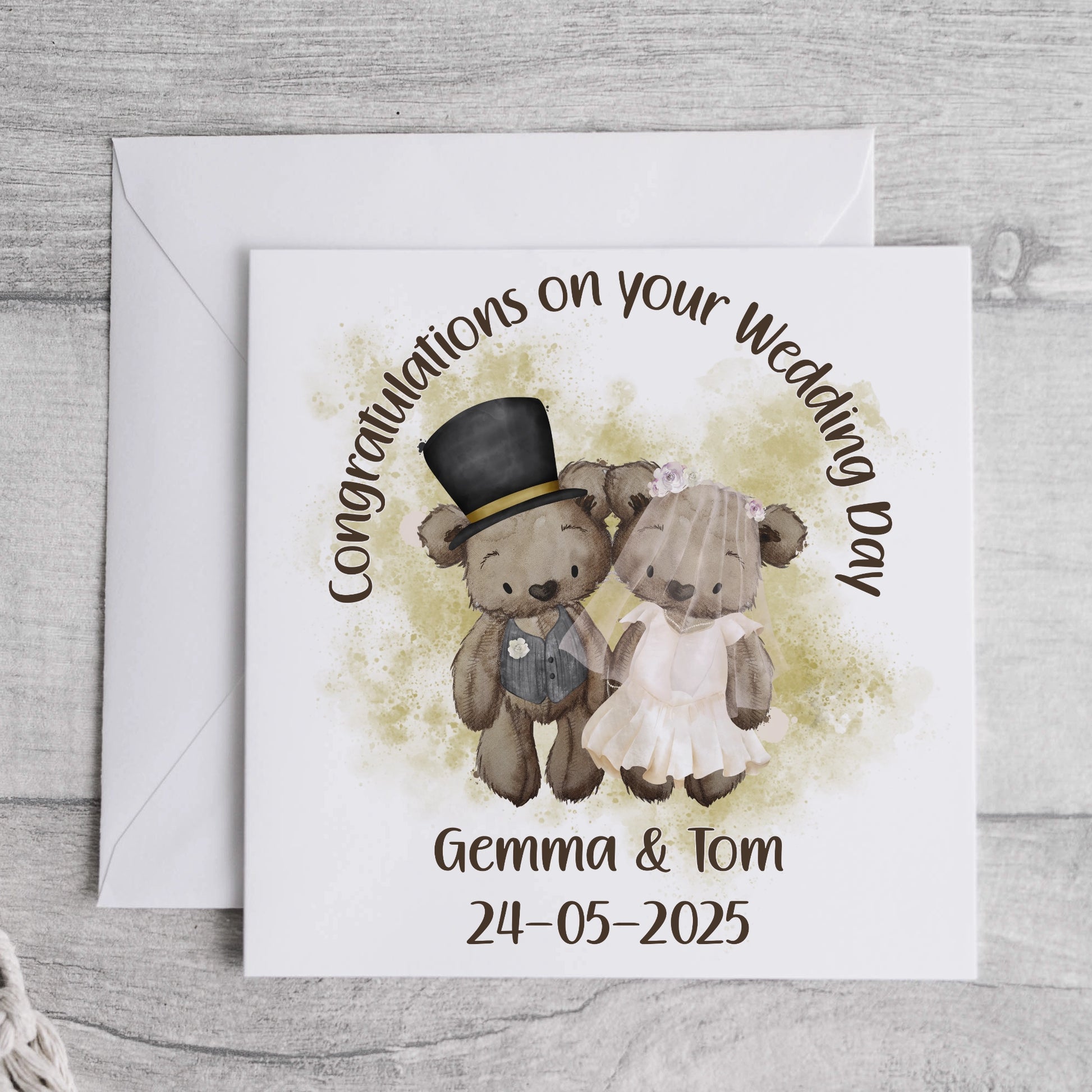 Cute Teddy Bear Congratulations Wedding card with names and date of wedding