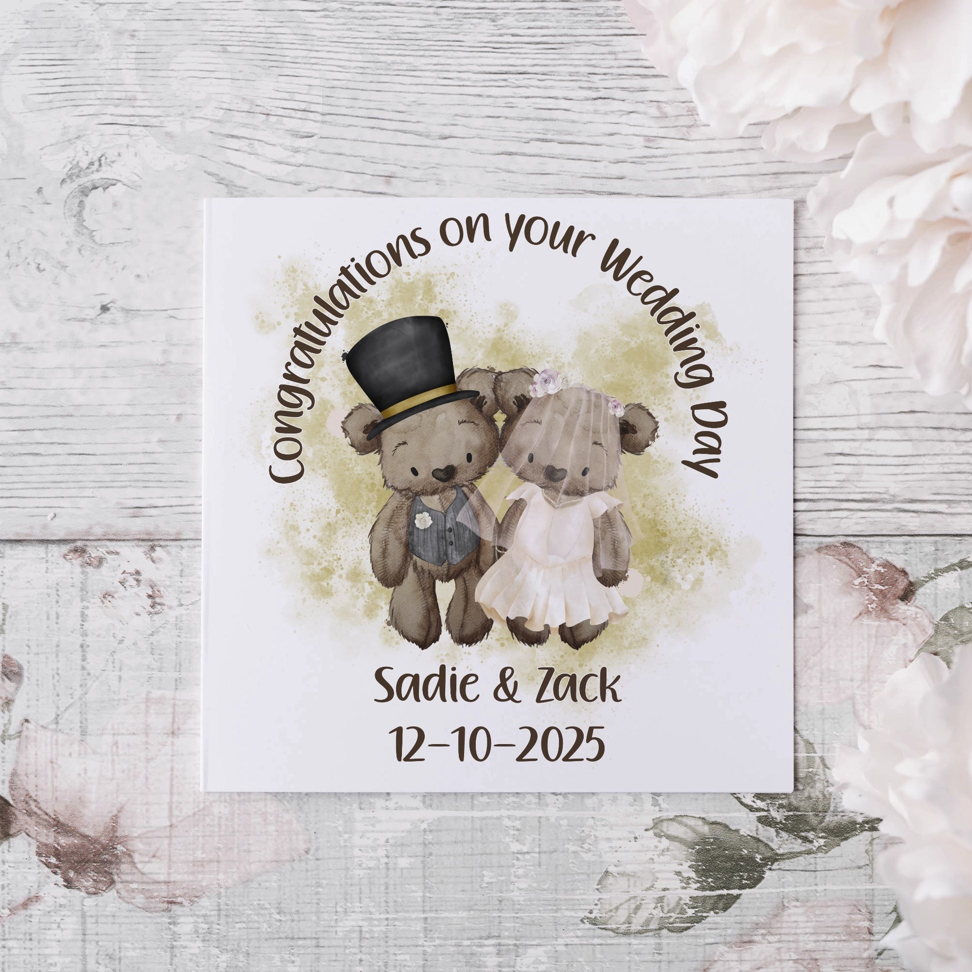 Cute Teddy Bear Congratulations Wedding card with names and date of wedding