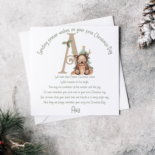 Personalised baby's first Christmas card with poem letter A