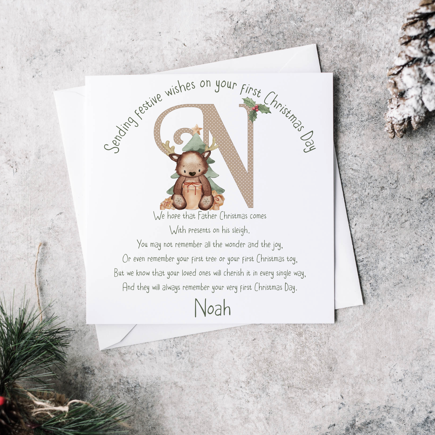 Personalised baby's first Christmas card with poem letter N