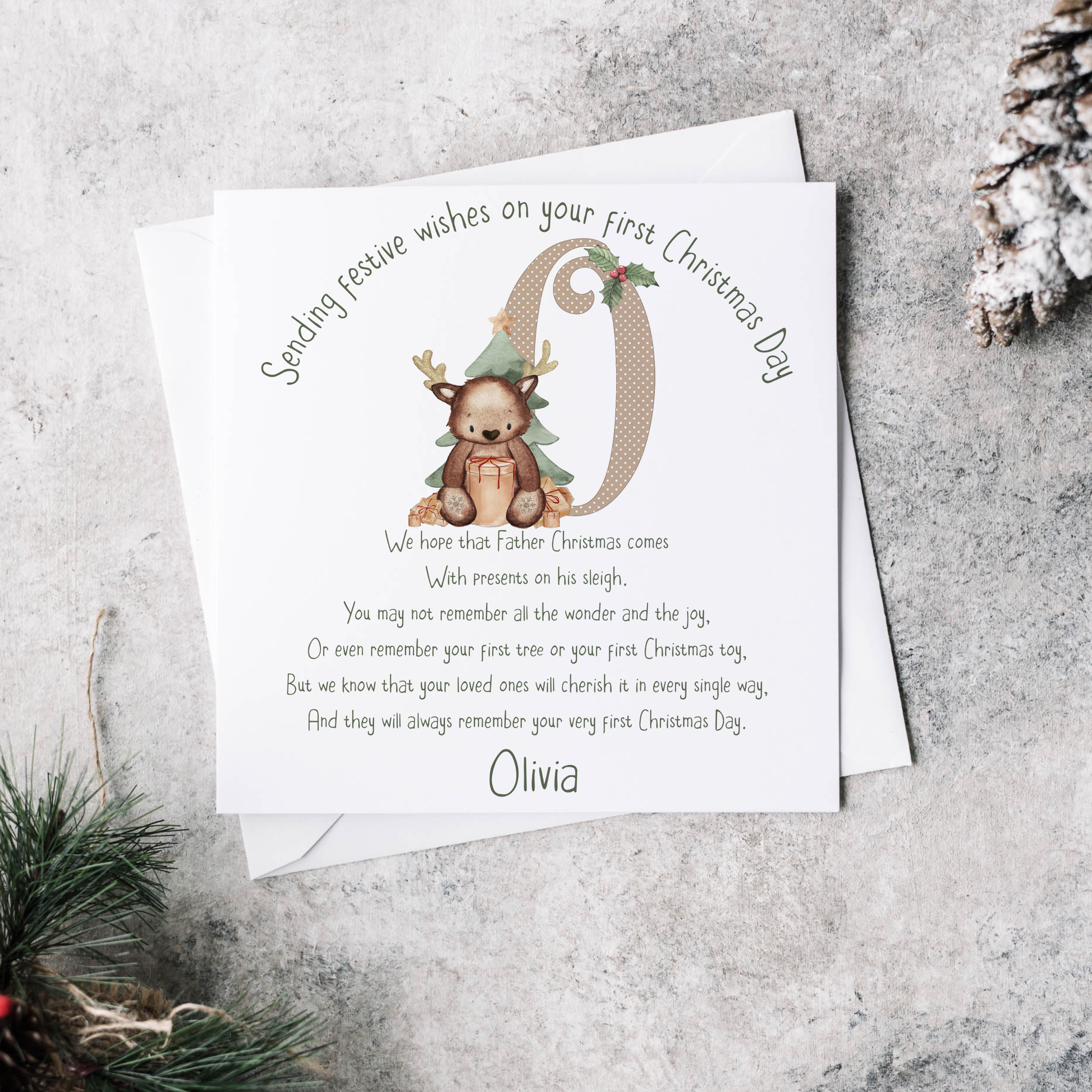 Personalised baby's first Christmas card with poem letter O