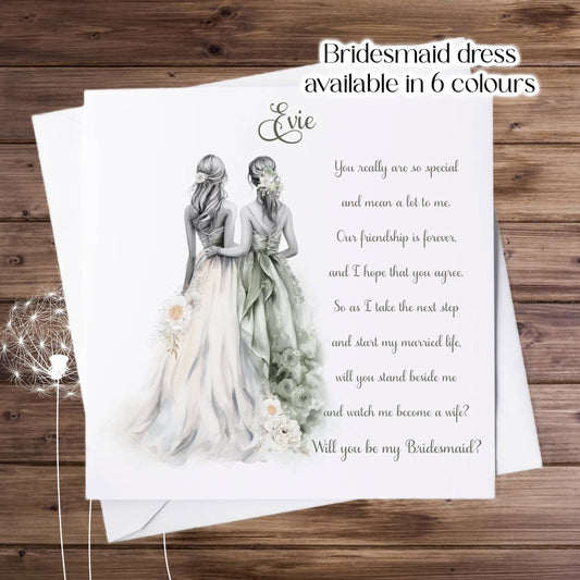 bride and bridesmaid proposal card with poem