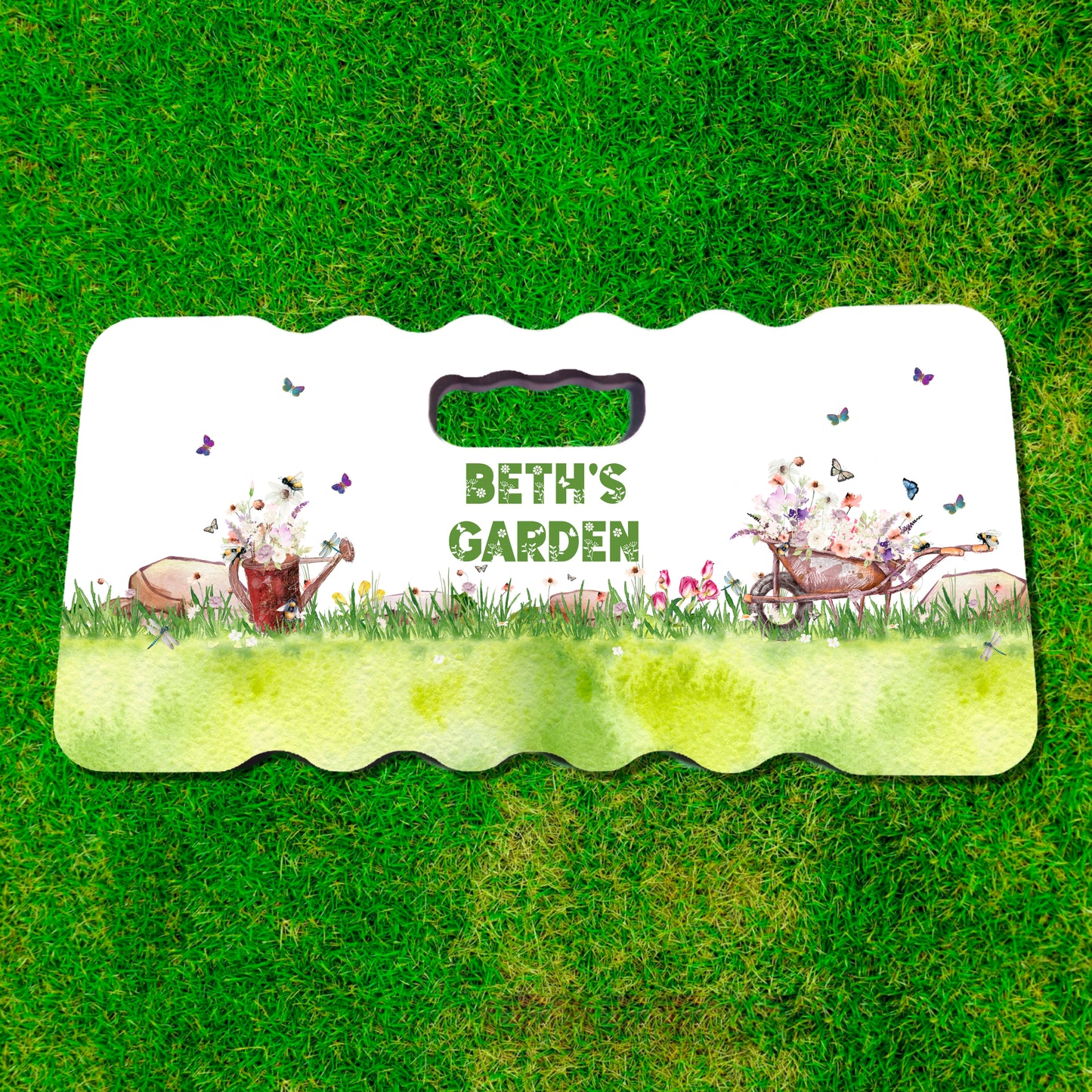 Foam kneeling pad with floral watering can and wheelbarrow beth's garden