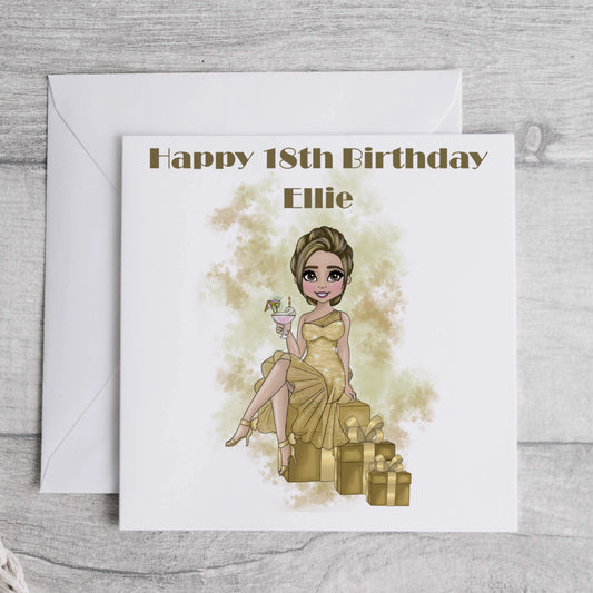 Personalised Birthday card featuring a girl in a gold cocktail dress holding a drink and sitting on gold gift boxes.