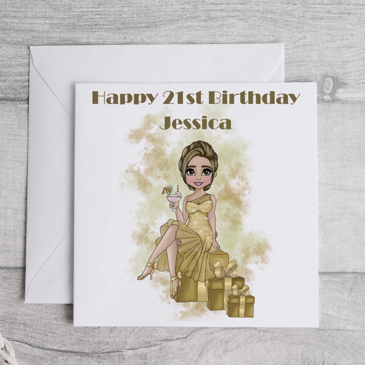 Personalised Birthday card featuring a girl in a gold cocktail dress holding a drink and sitting on gold gift boxes.