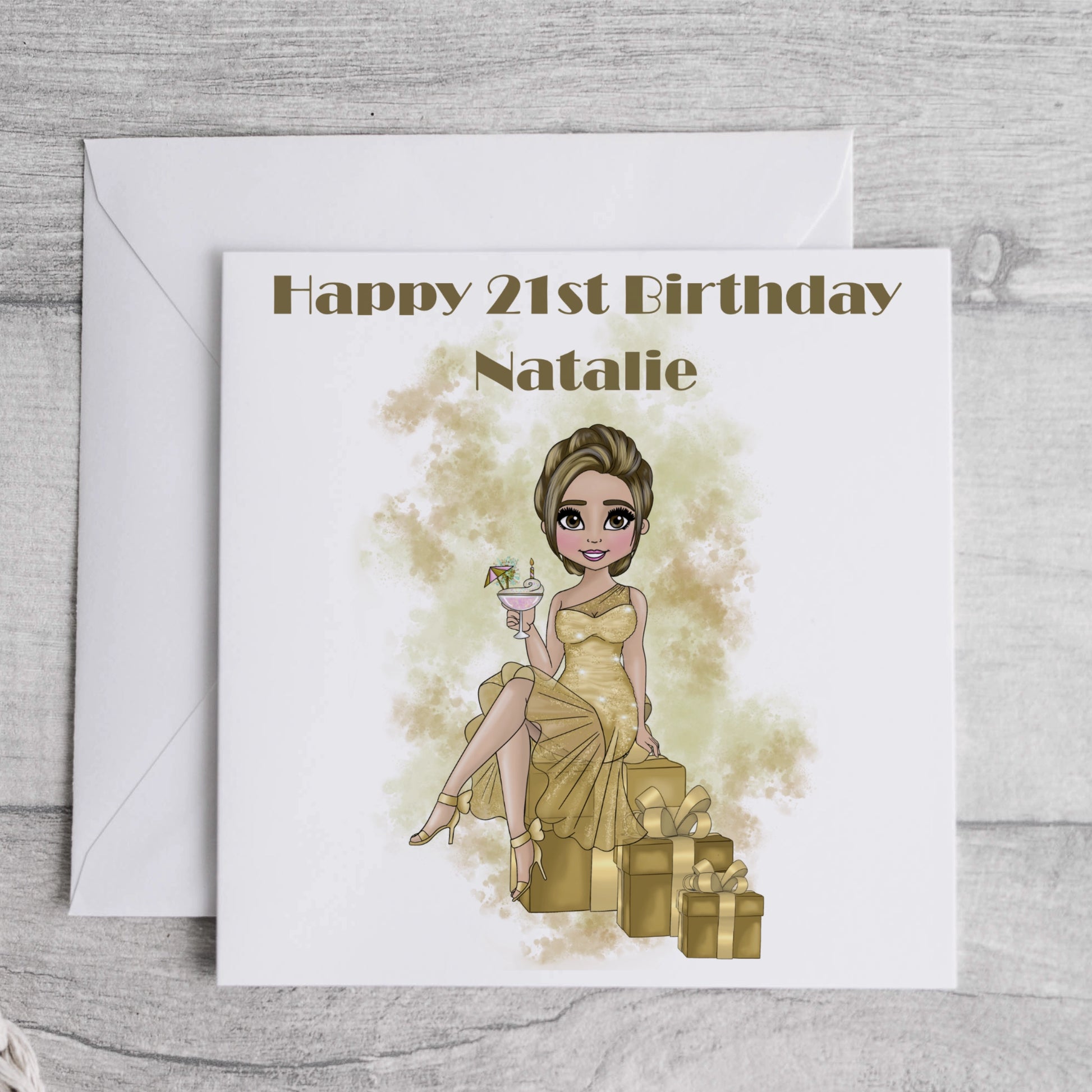 Personalised Birthday card featuring a girl in a gold cocktail dress holding a drink and sitting on gold gift boxes.