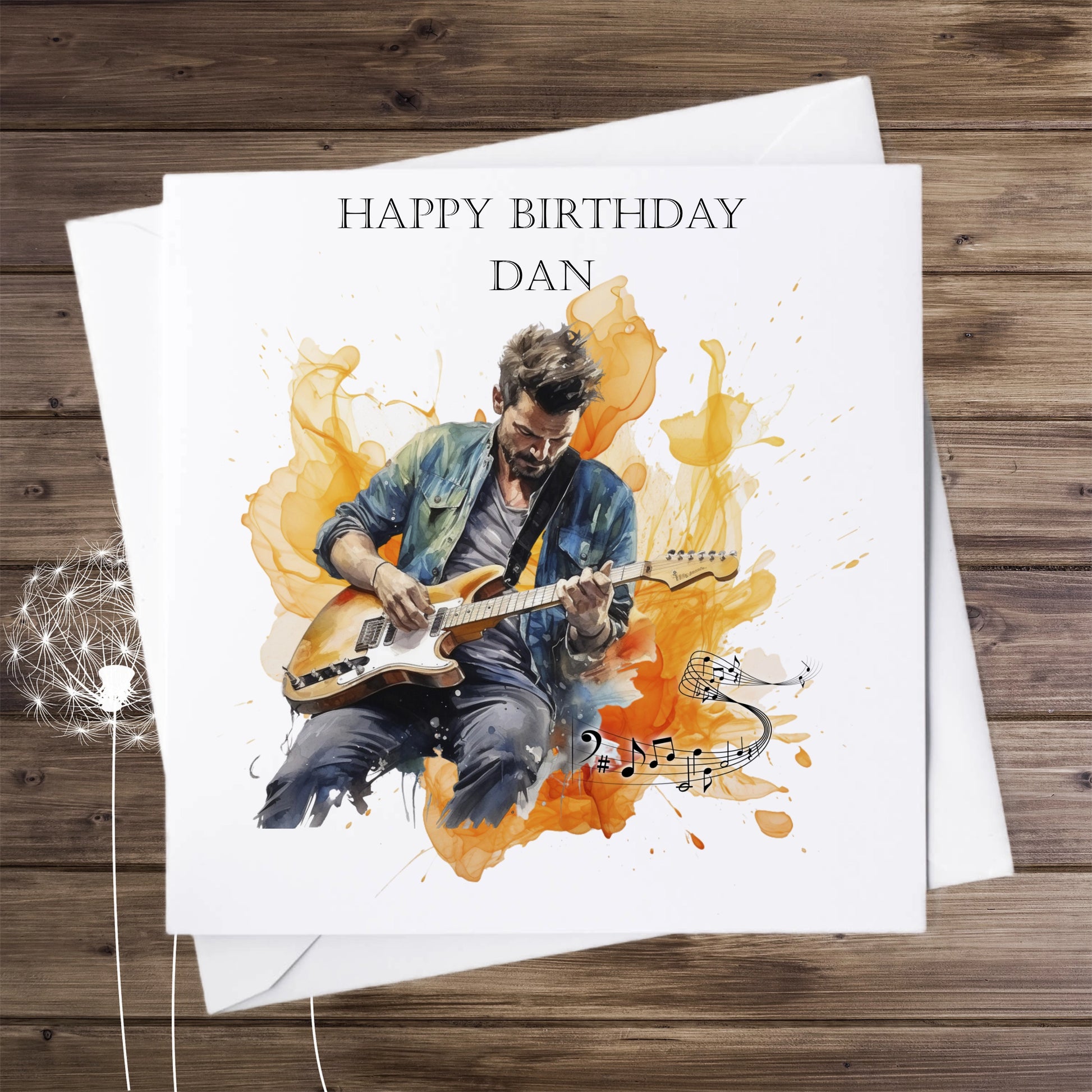 Personalised Birthday card featuring a colourful background, musical notes and a man playing guitar