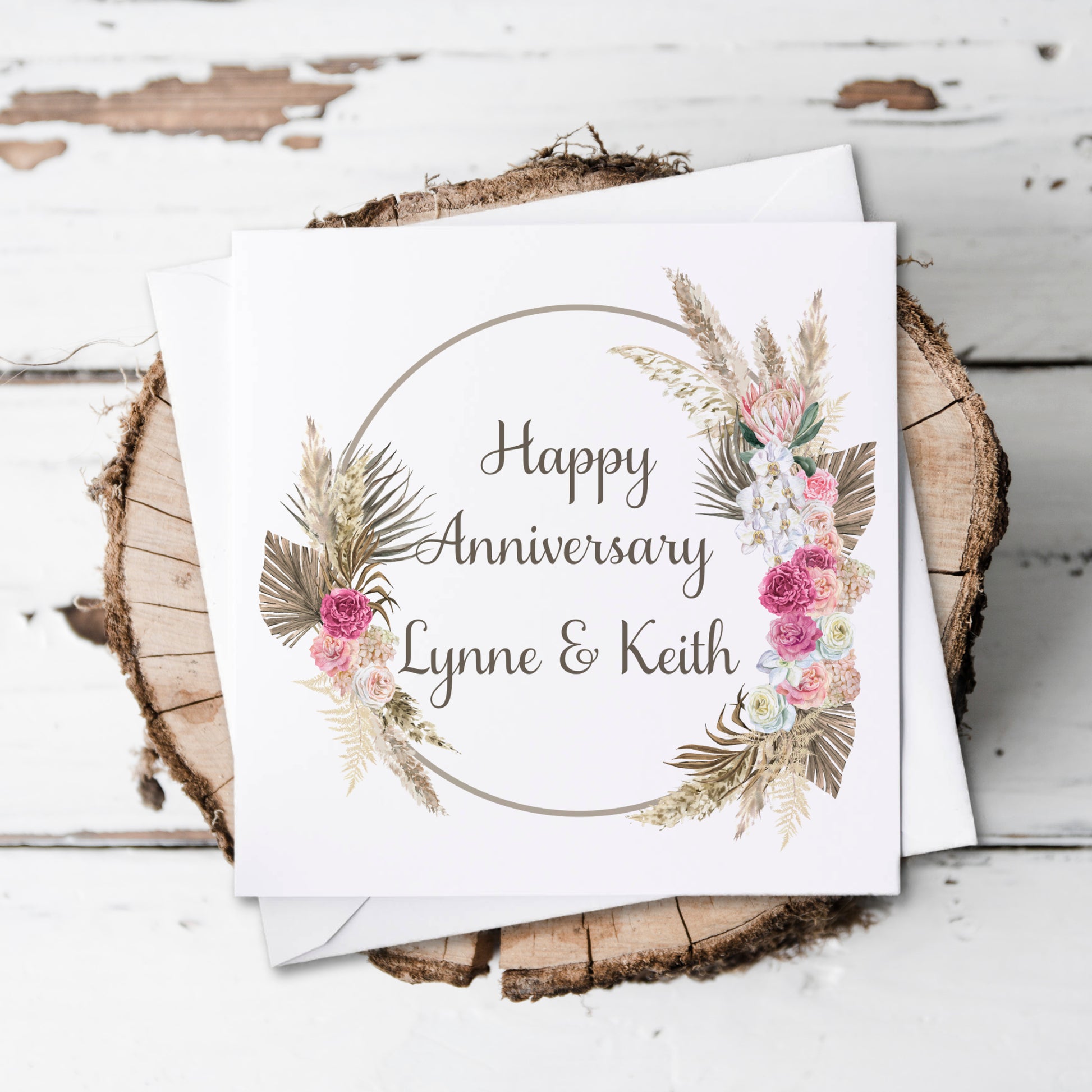 boho wreath personalised Anniversary card