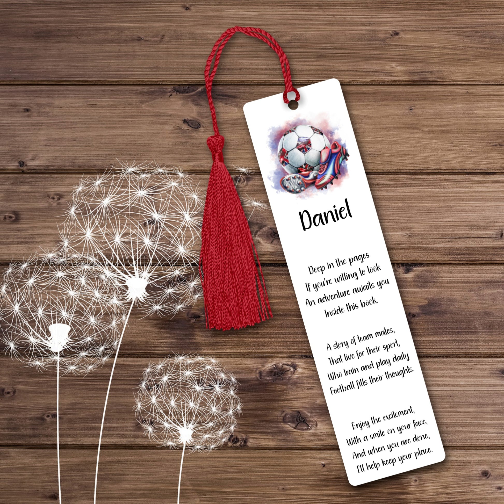 Personalised football aluminium bookmark with poem