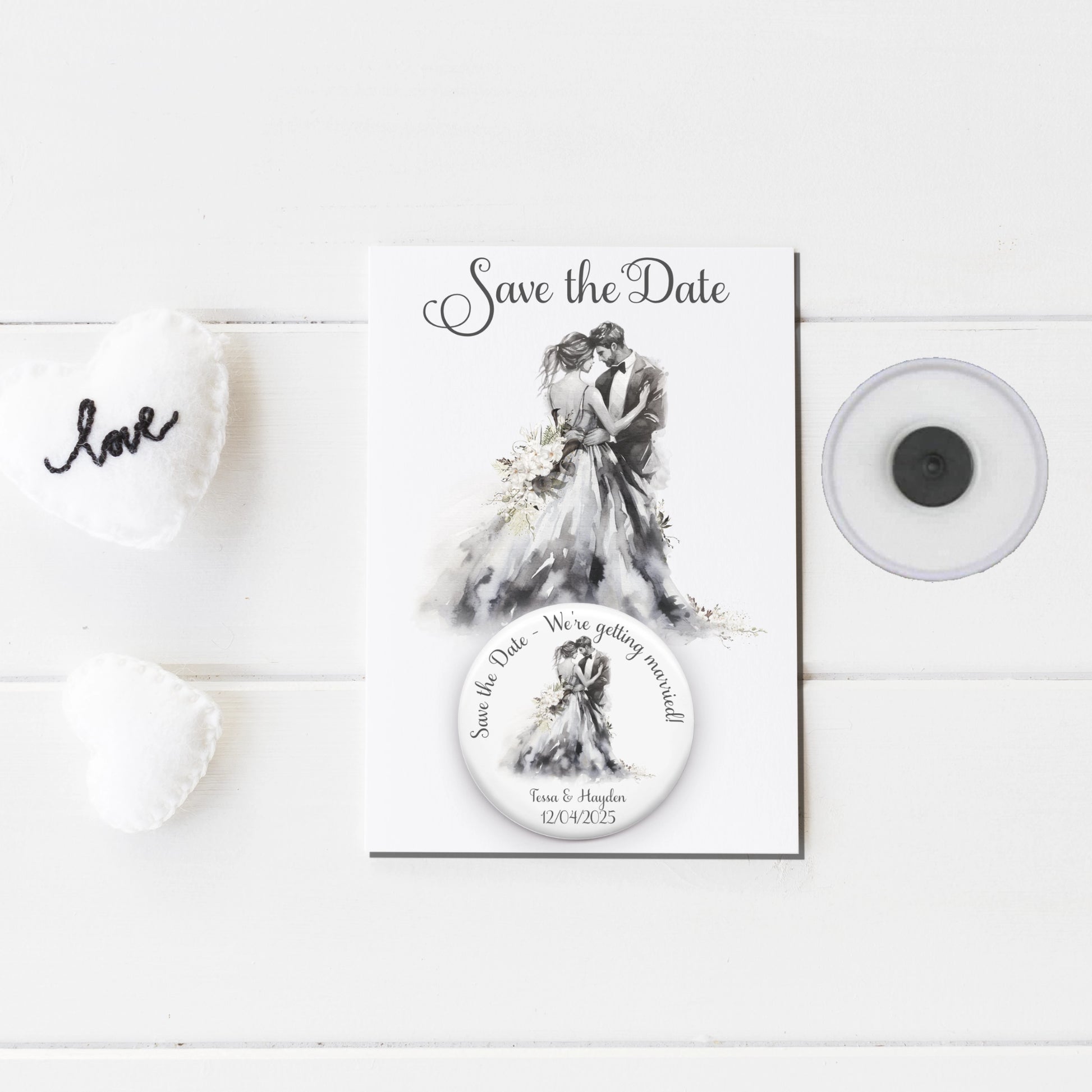 Save the date badge mirror featuring an image of a bride and groom and personalised with names and wedding date badge on a backing card with the same design